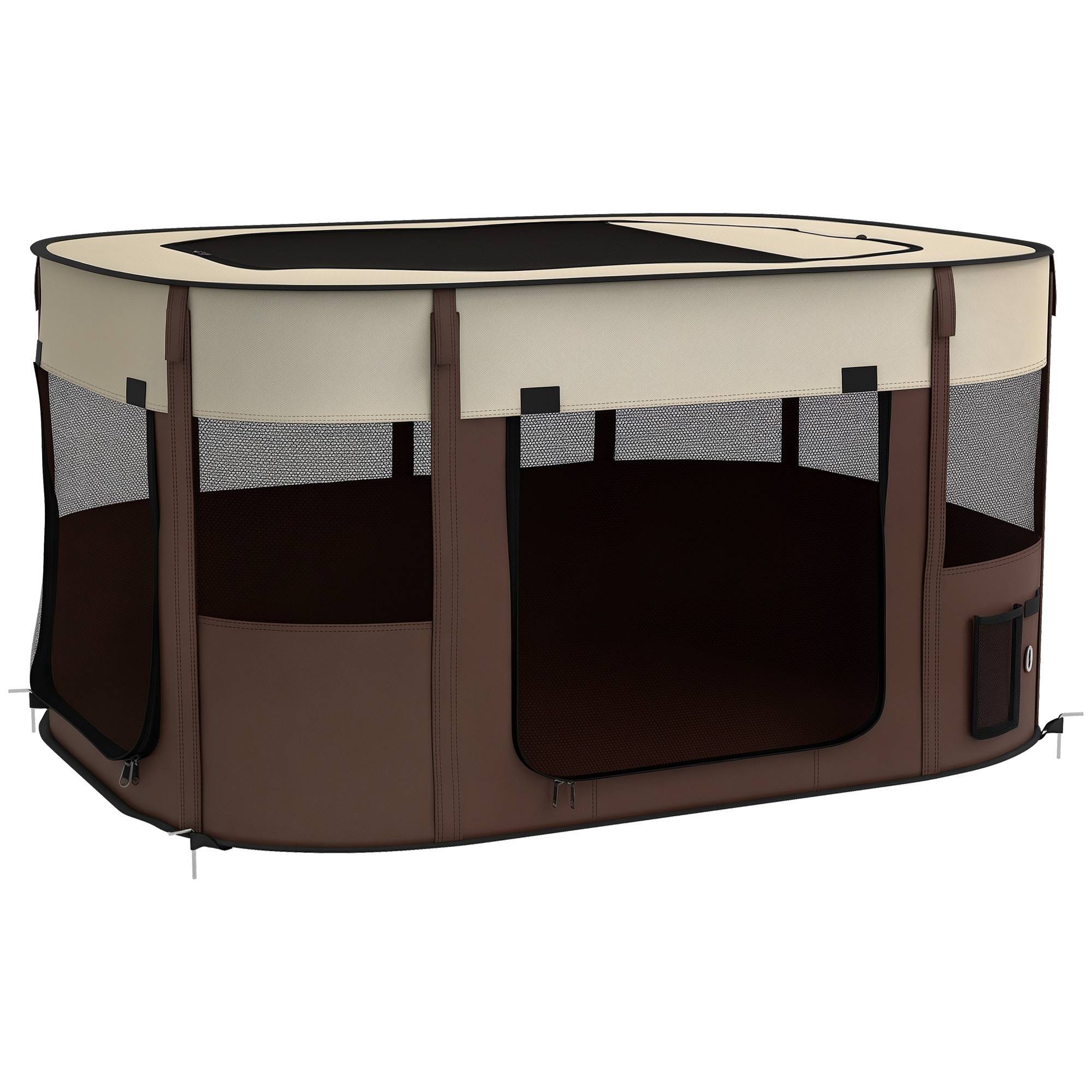 Parc pliable pour animaux de compagnie parc pour chiots en tissu Oxford avec fenêtres et portes sac de rangement marron - Image 1