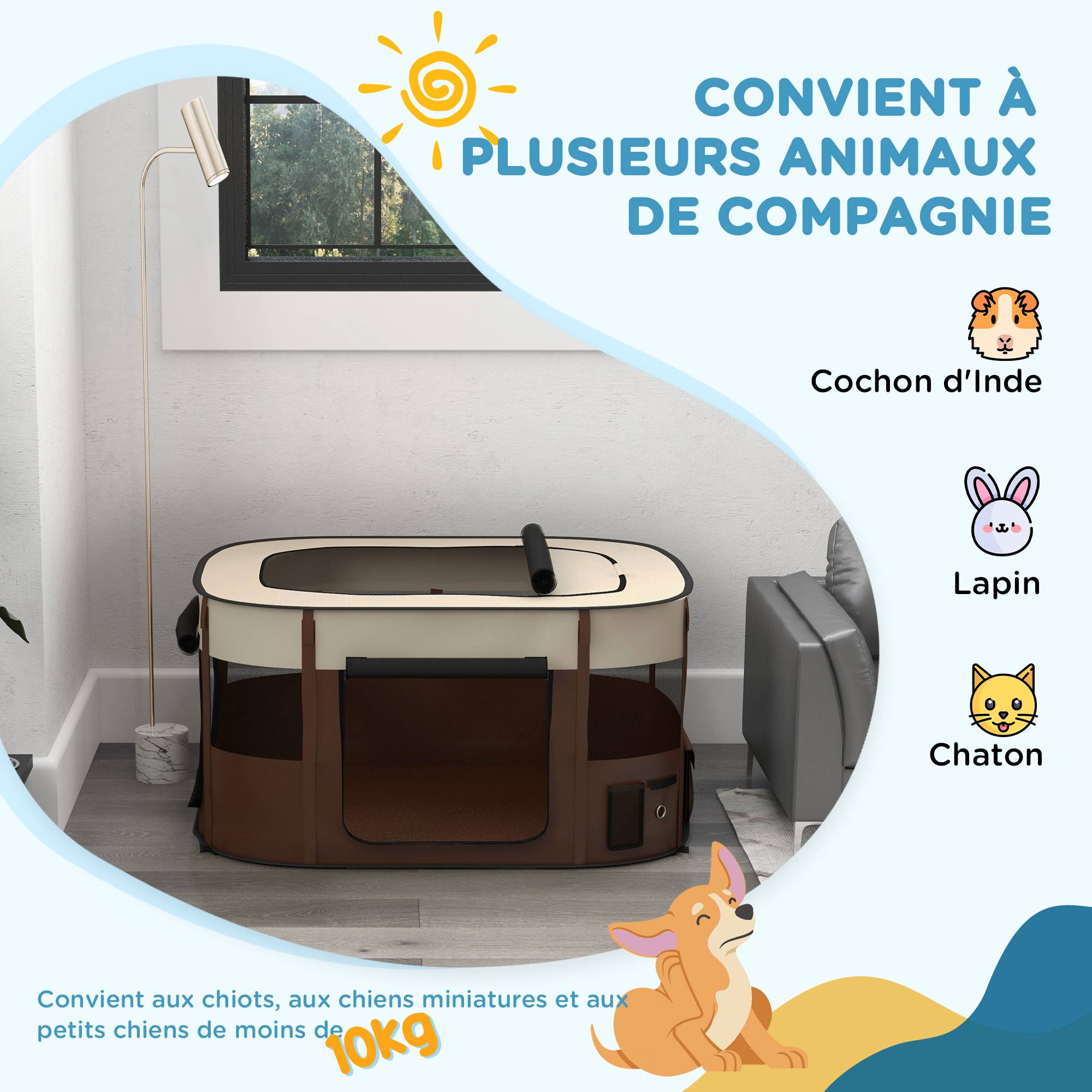Parc pliable pour animaux de compagnie parc pour chiots en tissu Oxford avec fenêtres et portes sac de rangement marron - Image 6