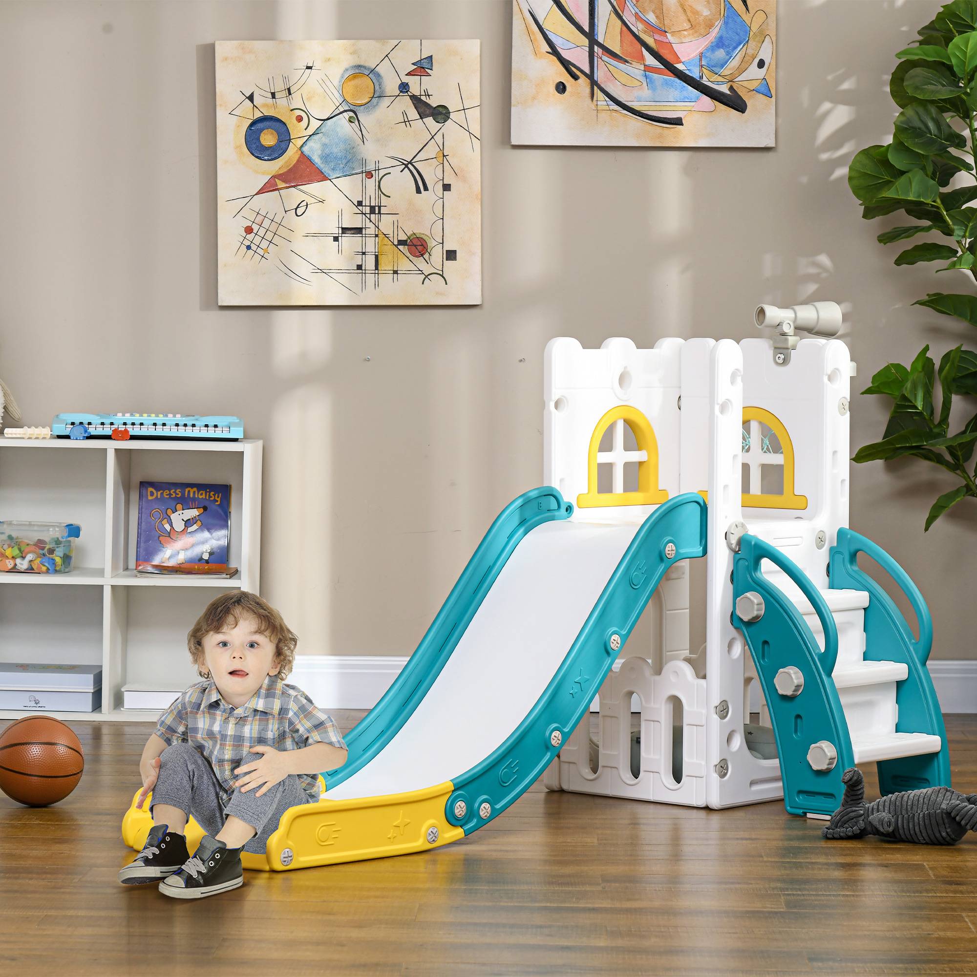 Toboggan pour enfants 5 en 1 avec panier de basket escalade télescope espace de rangement 70 x 177 x 92 cm jaune - Image 3