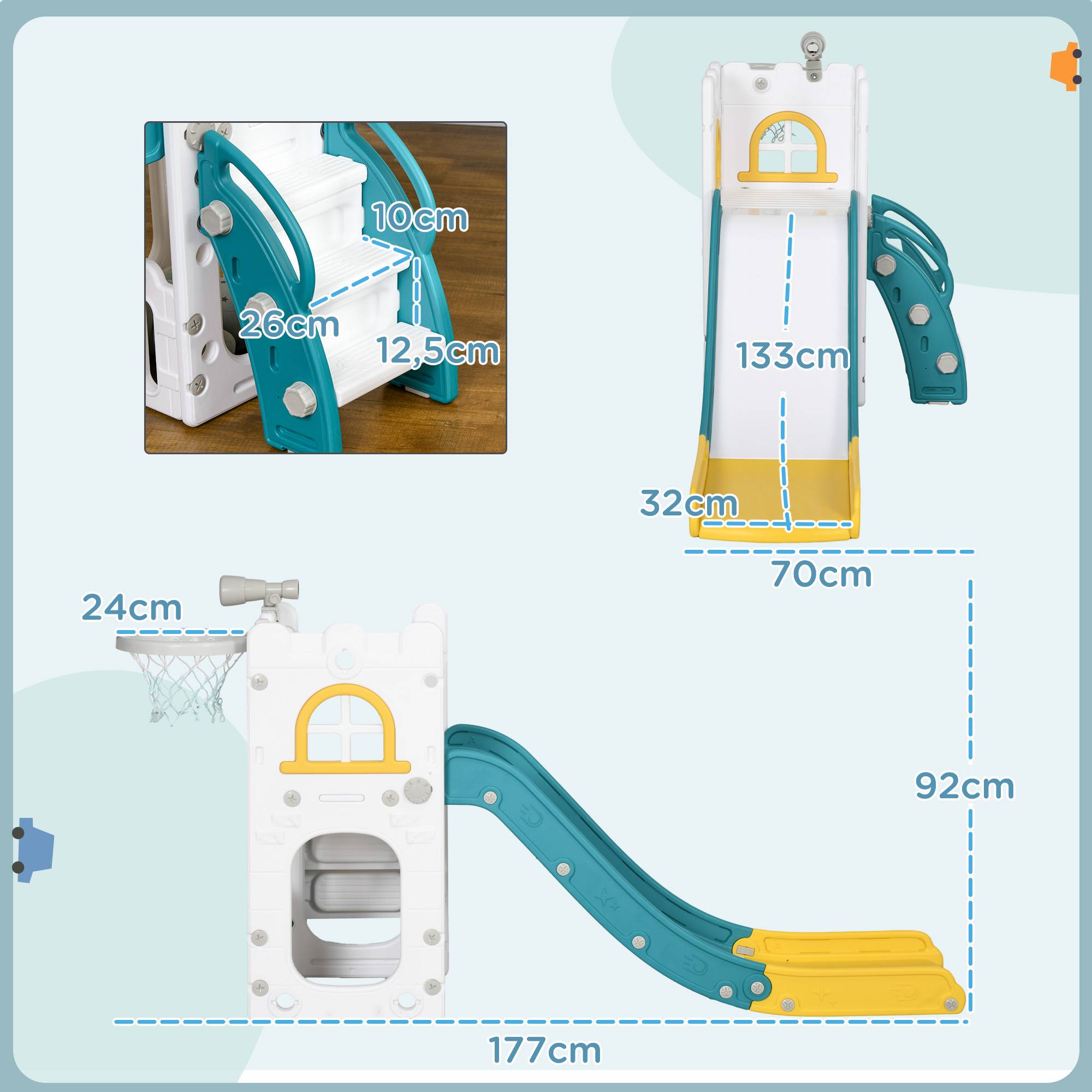 Toboggan pour enfants 5 en 1 avec panier de basket escalade télescope espace de rangement 70 x 177 x 92 cm jaune - Image 5
