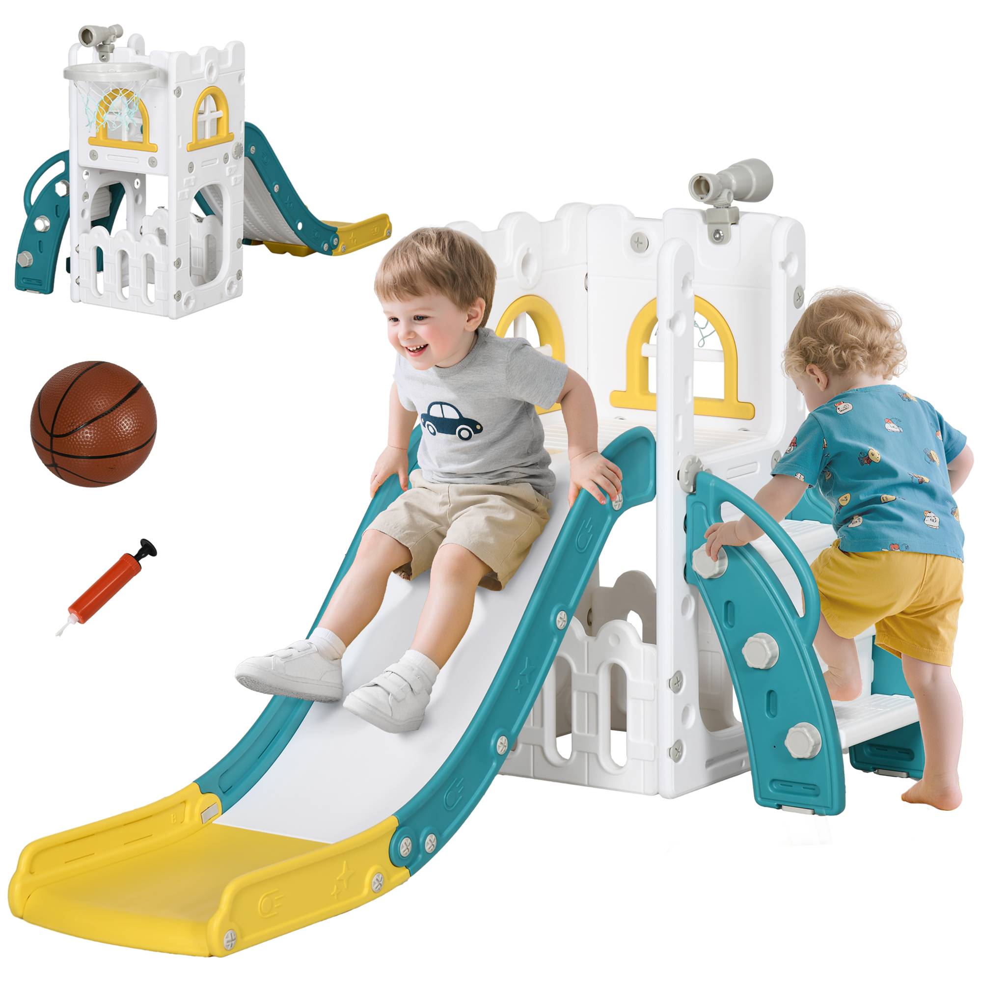 Toboggan pour enfants 5 en 1 avec panier de basket escalade télescope espace de rangement 70 x 177 x 92 cm jaune - Image 1