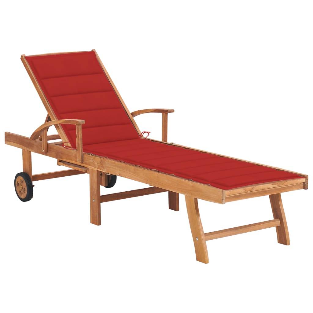 Helloshop26 - Transat chaise longue bain de soleil lit de jardin terrasse meuble d'extérieur avec coussin rouge bois de teck solide - Image 1