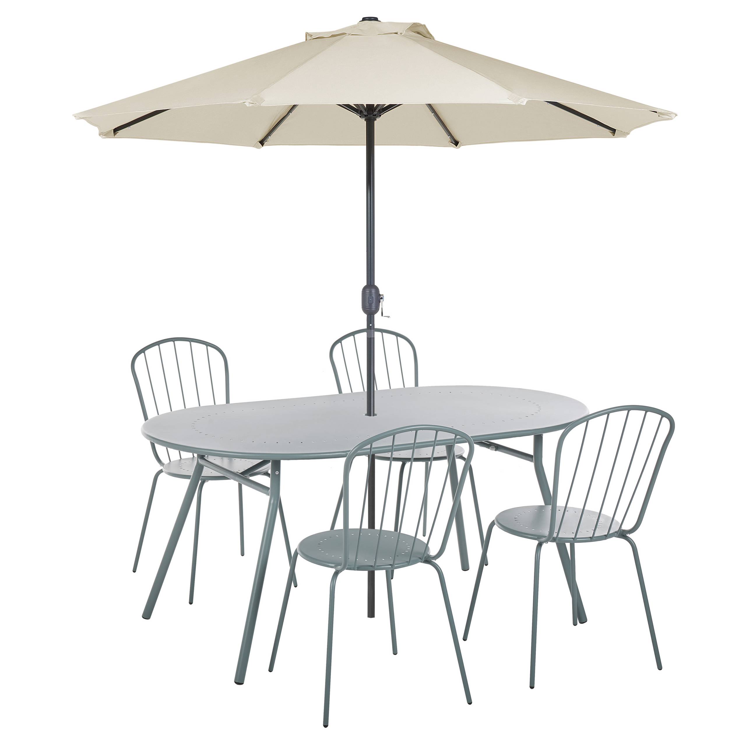 Beliani - Ensemble de Salle à Manger de Jardin Bleu en Acier Table Ovale avec 4 Chaises et Parasol (16 Variantes) Pour Repas Convivial en Extérieur - Image 1