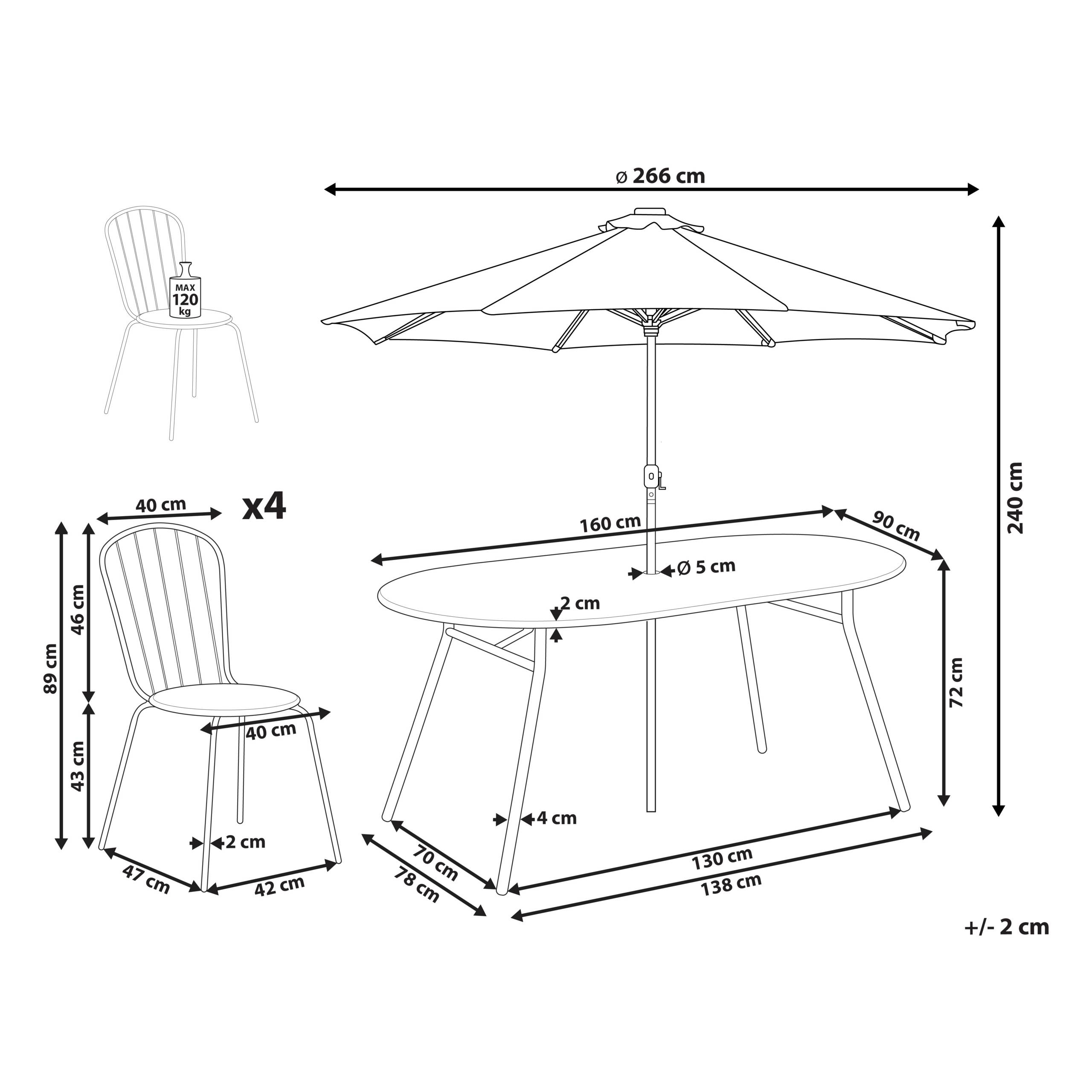 Beliani - Ensemble de Salle à Manger de Jardin Bleu en Acier Table Ovale avec 4 Chaises et Parasol (16 Variantes) Pour Repas Convivial en Extérieur - Image 3