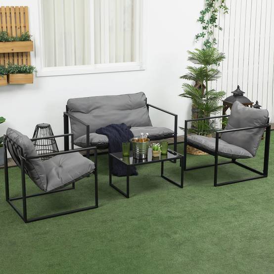 Outsunny - Salon de jardin 4 personnes - 4 pièces, 3 coussins - acier époxy noir polyester gris - Outsunny - Image 4
