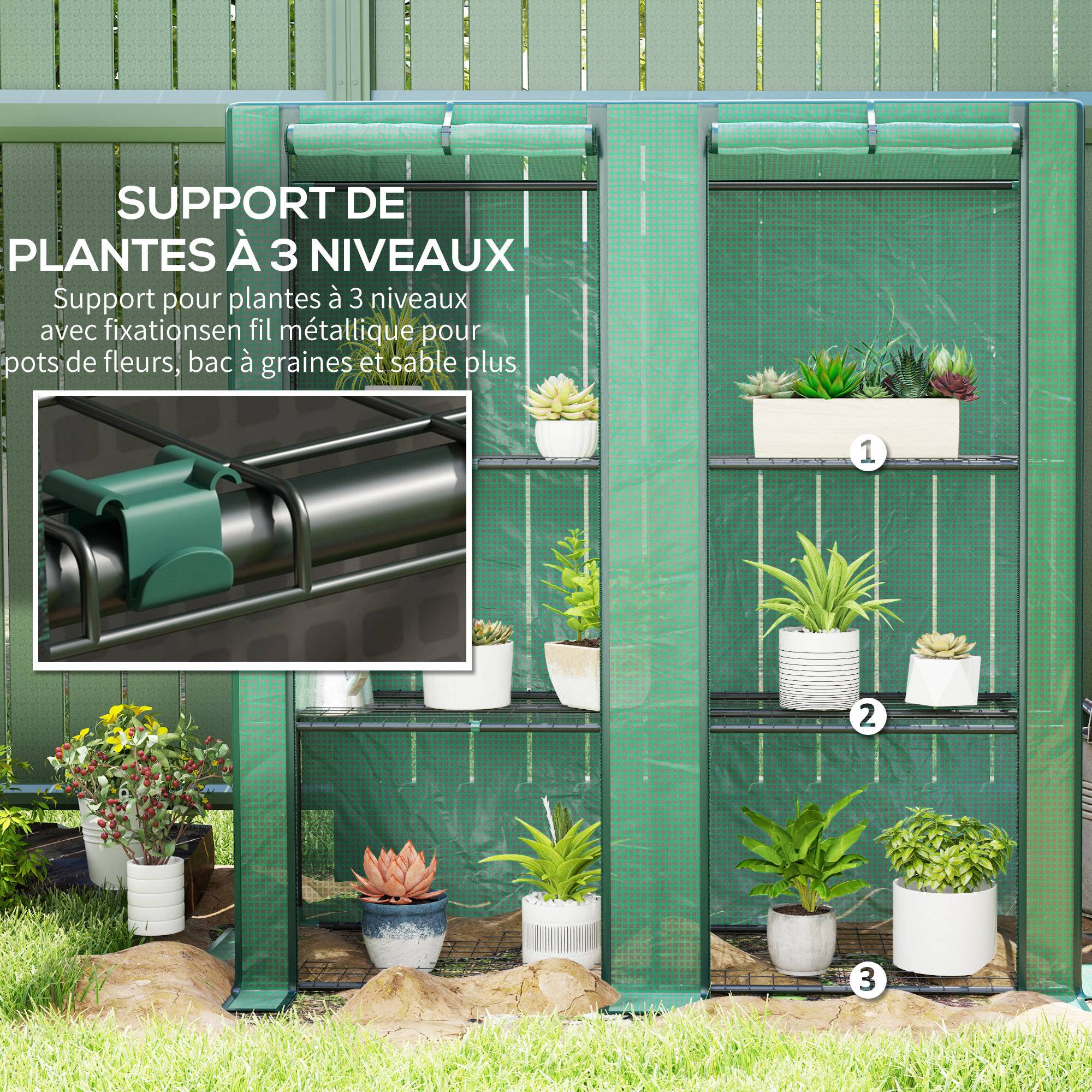 Sans Marque - Serre de jardin avec étagères métalliques à 3 niveaux serre de balcon couverture PE toit incliné 144 x 48 x 152 cm vert - Image 7