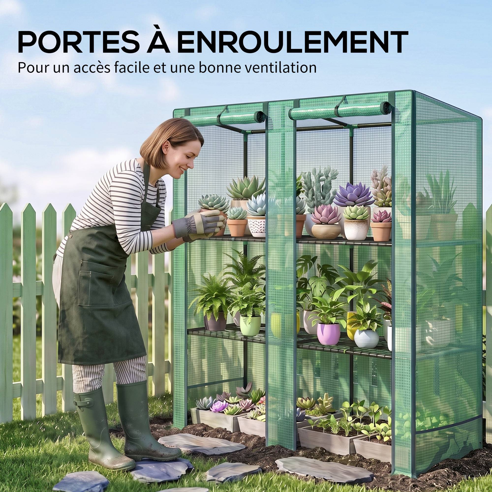 Sans Marque - Serre de jardin avec étagères métalliques à 3 niveaux serre de balcon couverture PE toit incliné 144 x 48 x 152 cm vert - Image 8