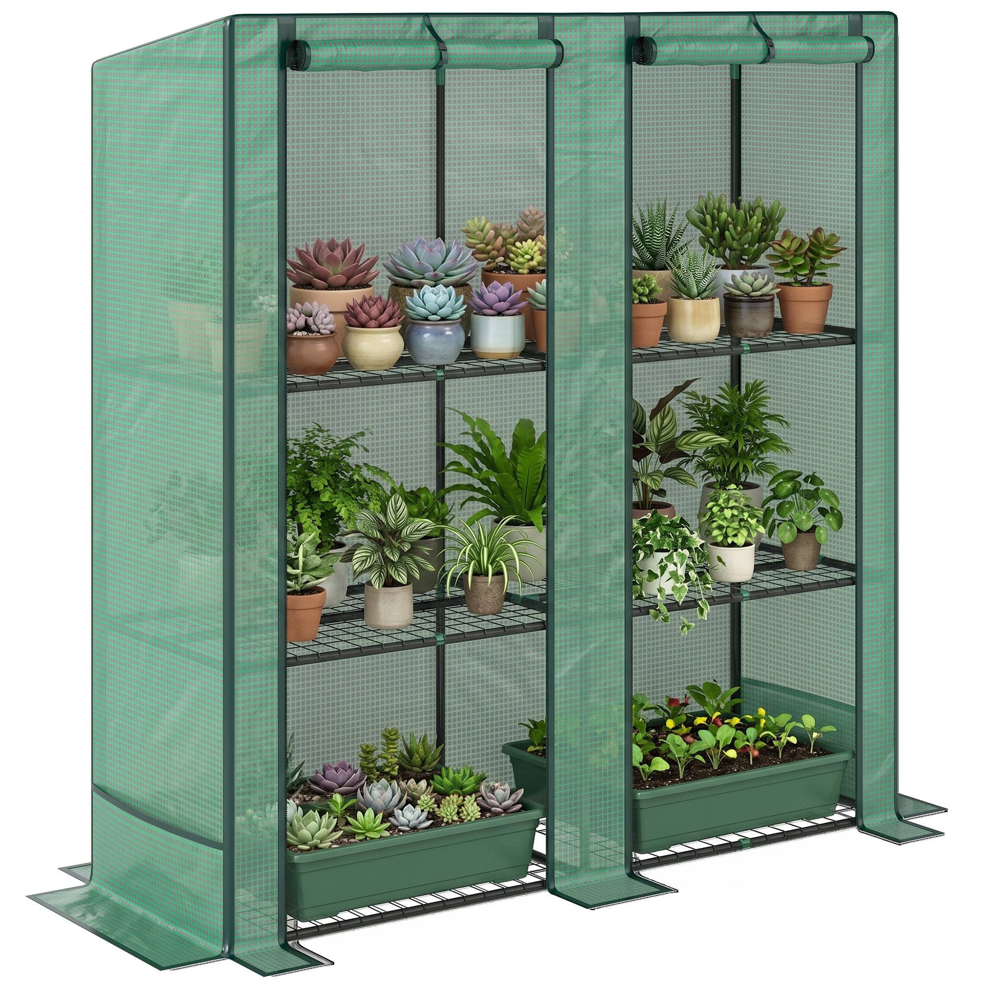 Sans Marque - Serre de jardin avec étagères métalliques à 3 niveaux serre de balcon couverture PE toit incliné 144 x 48 x 152 cm vert - Image 1