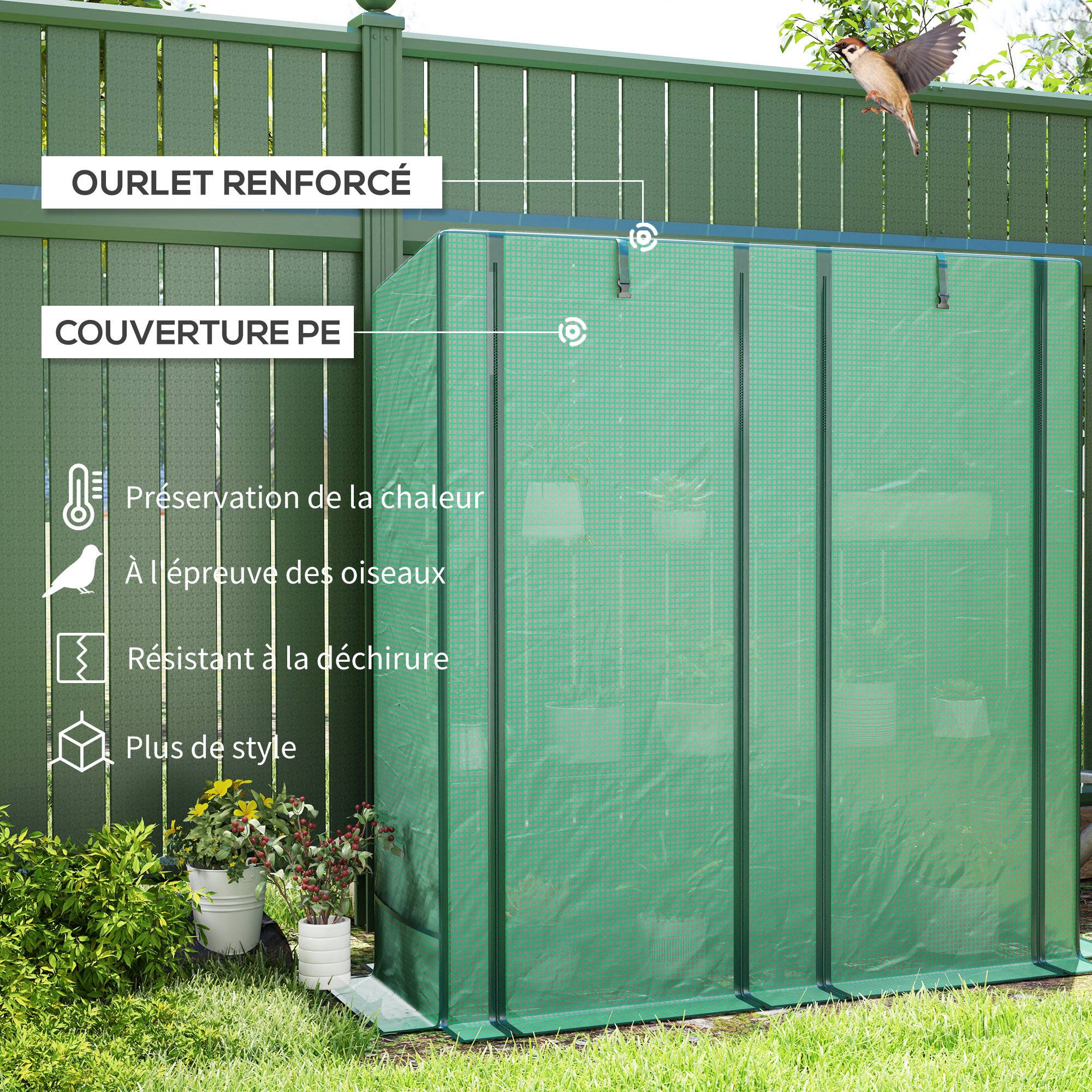 Sans Marque - Serre de jardin avec étagères métalliques à 3 niveaux serre de balcon couverture PE toit incliné 144 x 48 x 152 cm vert - Image 6