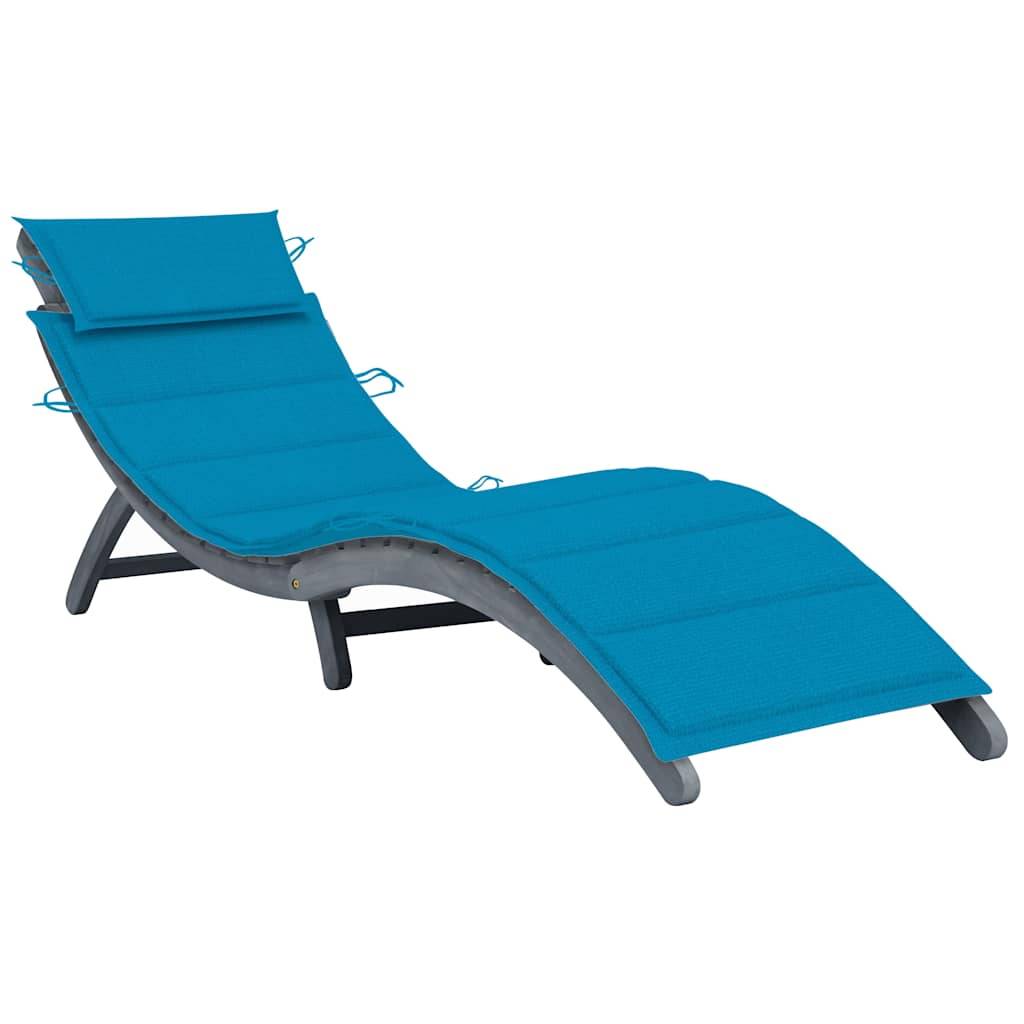 Chaise longue bois d'acacia gris coussin bleu 190 x 60 x 51 cm - PANGIVO - Image 1