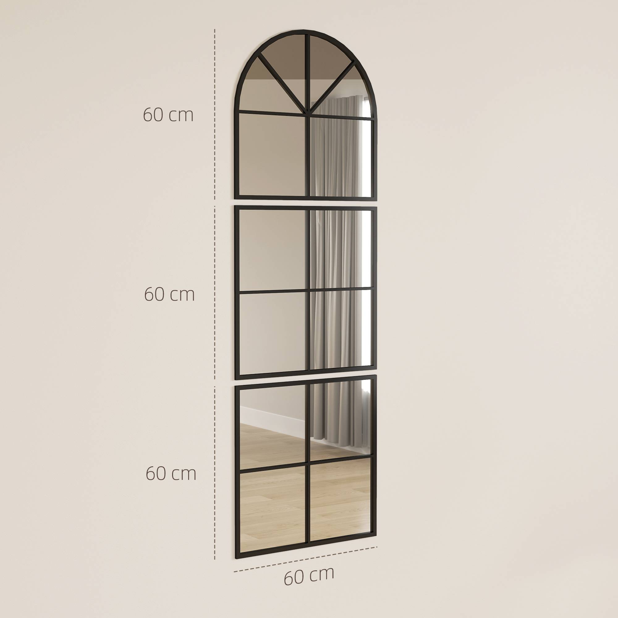 Sans Marque - Miroir mural trois parties arqué cadre métal décoratif 60x2x180 cm noir - Image 5