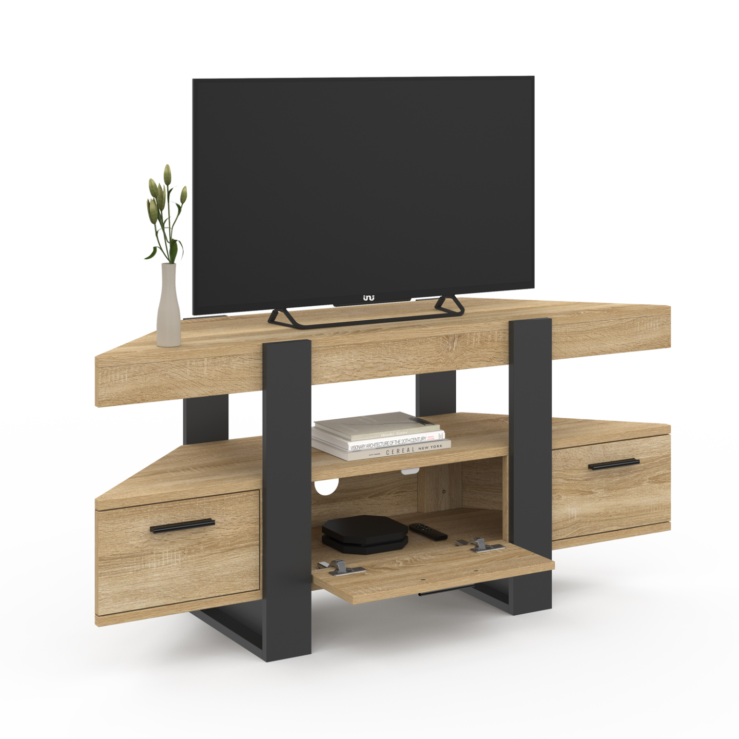 Meuble TV 110 cm d'angle PHOENIX avec tiroir bois et noir - Image 4