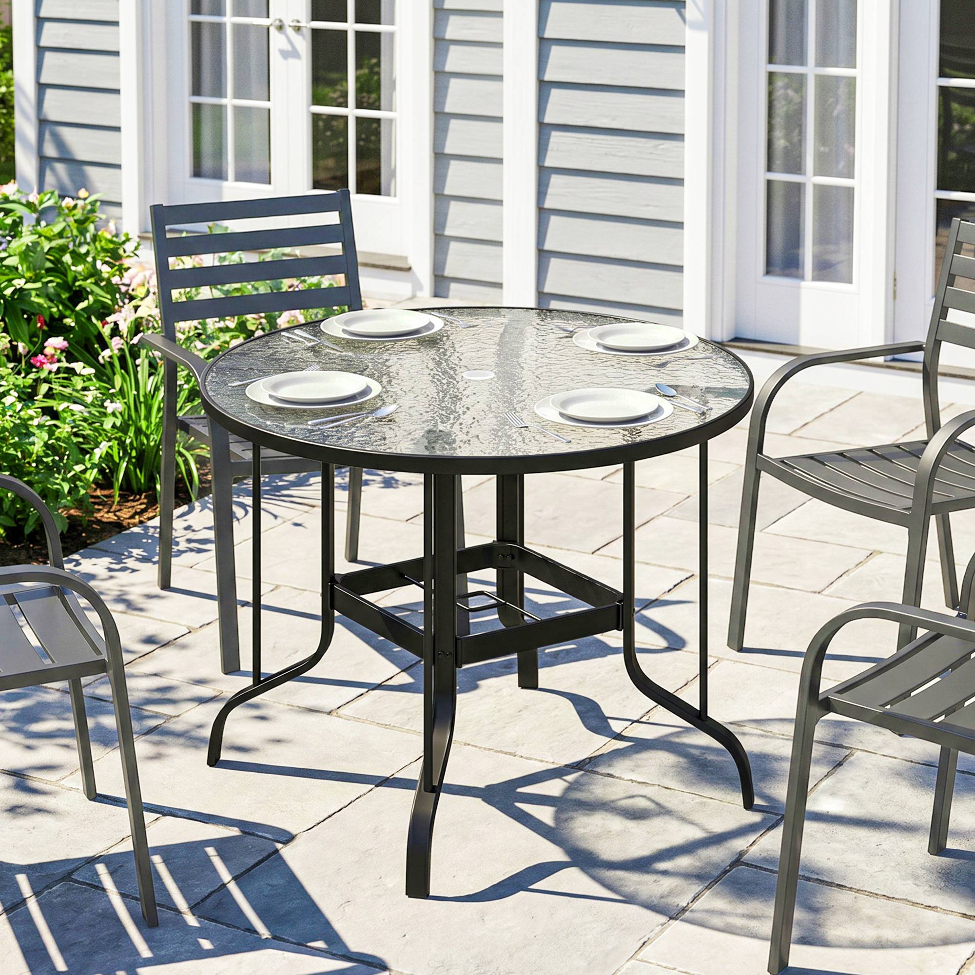 Sans Marque - Table de jardin ronde avec trou pour parasol, métal et verre trempé, Ø96,5 x 71 cm, noire - Image 3