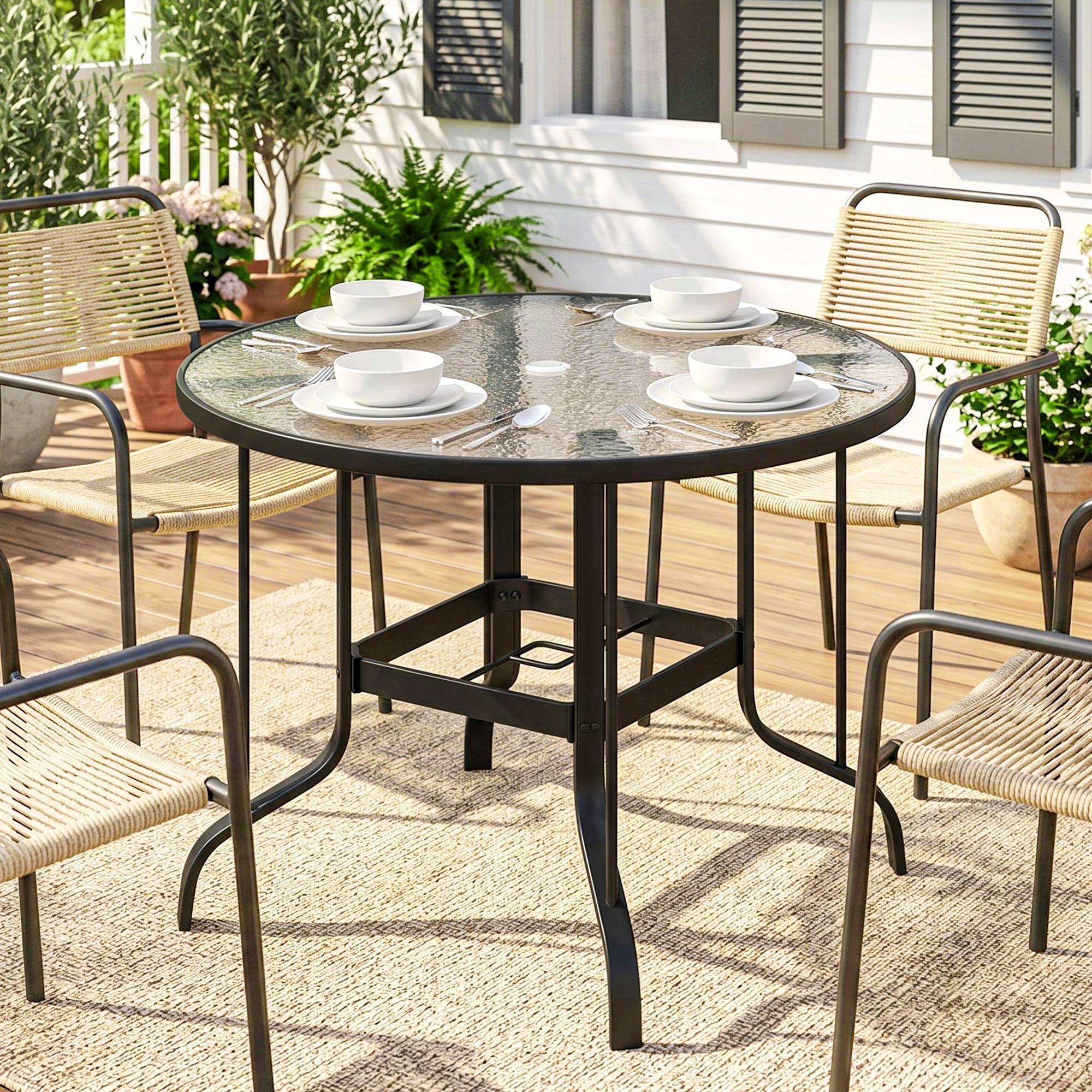 Sans Marque - Table de jardin ronde avec trou pour parasol, métal et verre trempé, Ø96,5 x 71 cm, noire - Image 4