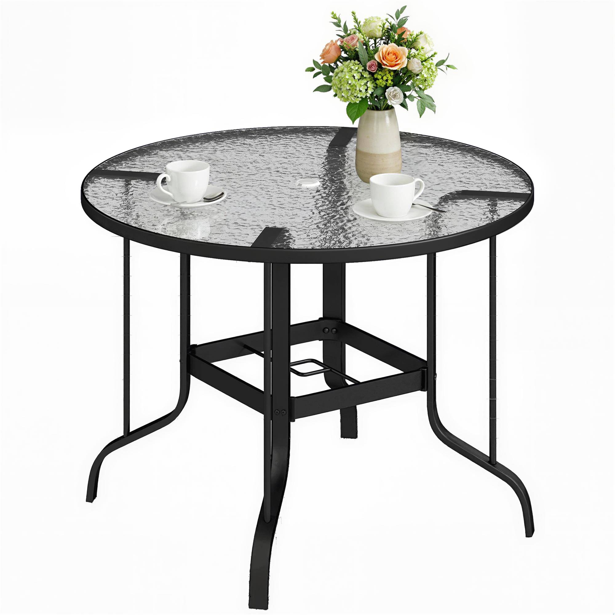 Sans Marque - Table de jardin ronde avec trou pour parasol, métal et verre trempé, Ø96,5 x 71 cm, noire - Image 1