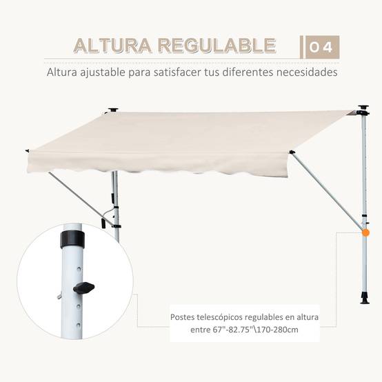 Store Banne Rétractable Manuel 4 x 1,2 m, Hauteur Réglable 170–280 cm, Sans Perçage, Terrasse, Balcon et Jardin, Beige - Image 9