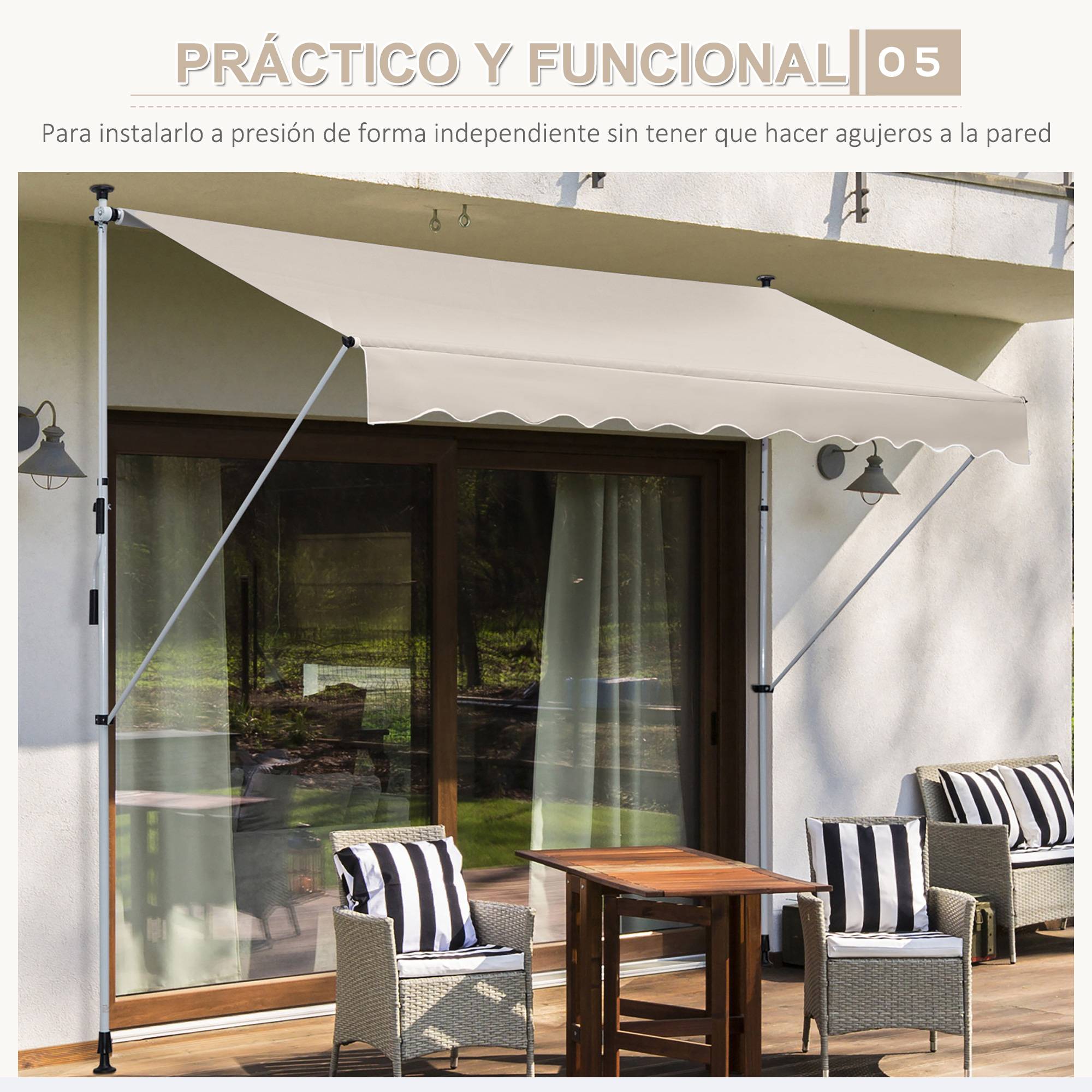 Store Banne Rétractable Manuel 4 x 1,2 m, Hauteur Réglable 170–280 cm, Sans Perçage, Terrasse, Balcon et Jardin, Beige - Image 10