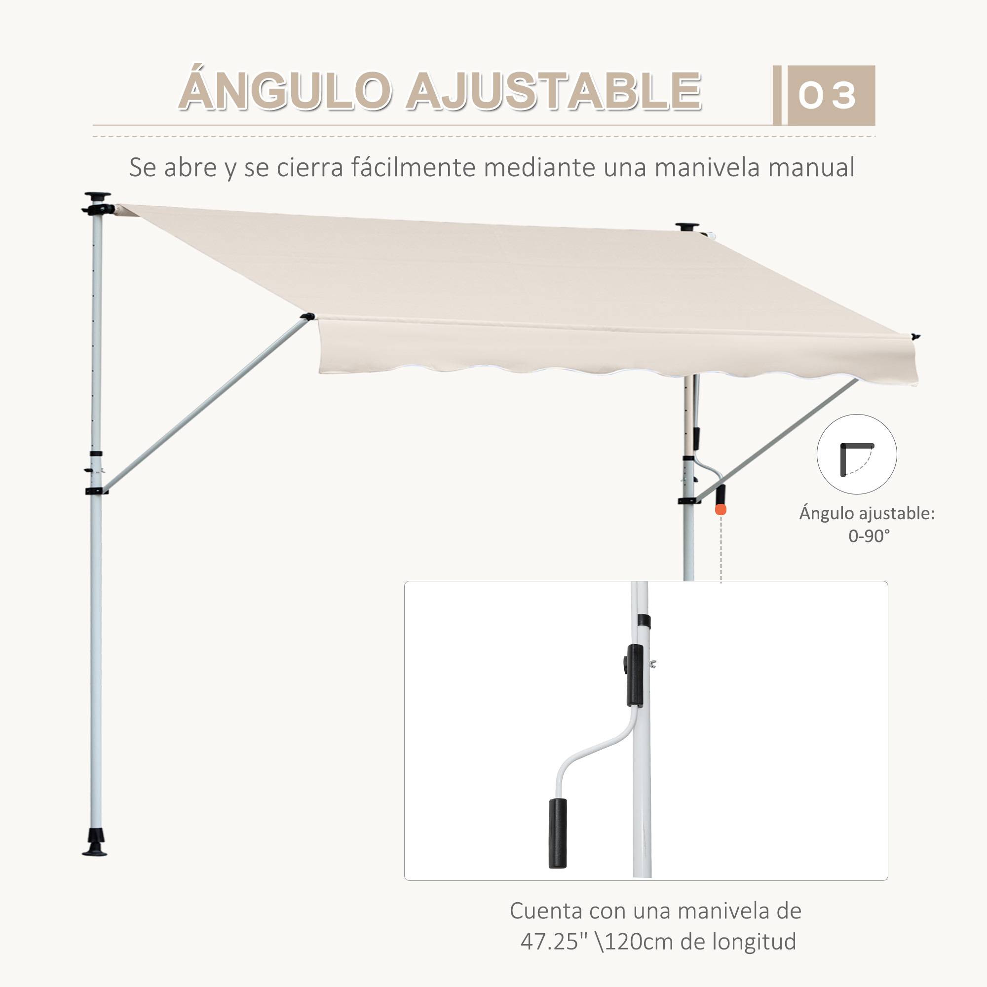 Store Banne Rétractable Manuel 4 x 1,2 m, Hauteur Réglable 170–280 cm, Sans Perçage, Terrasse, Balcon et Jardin, Beige - Image 8