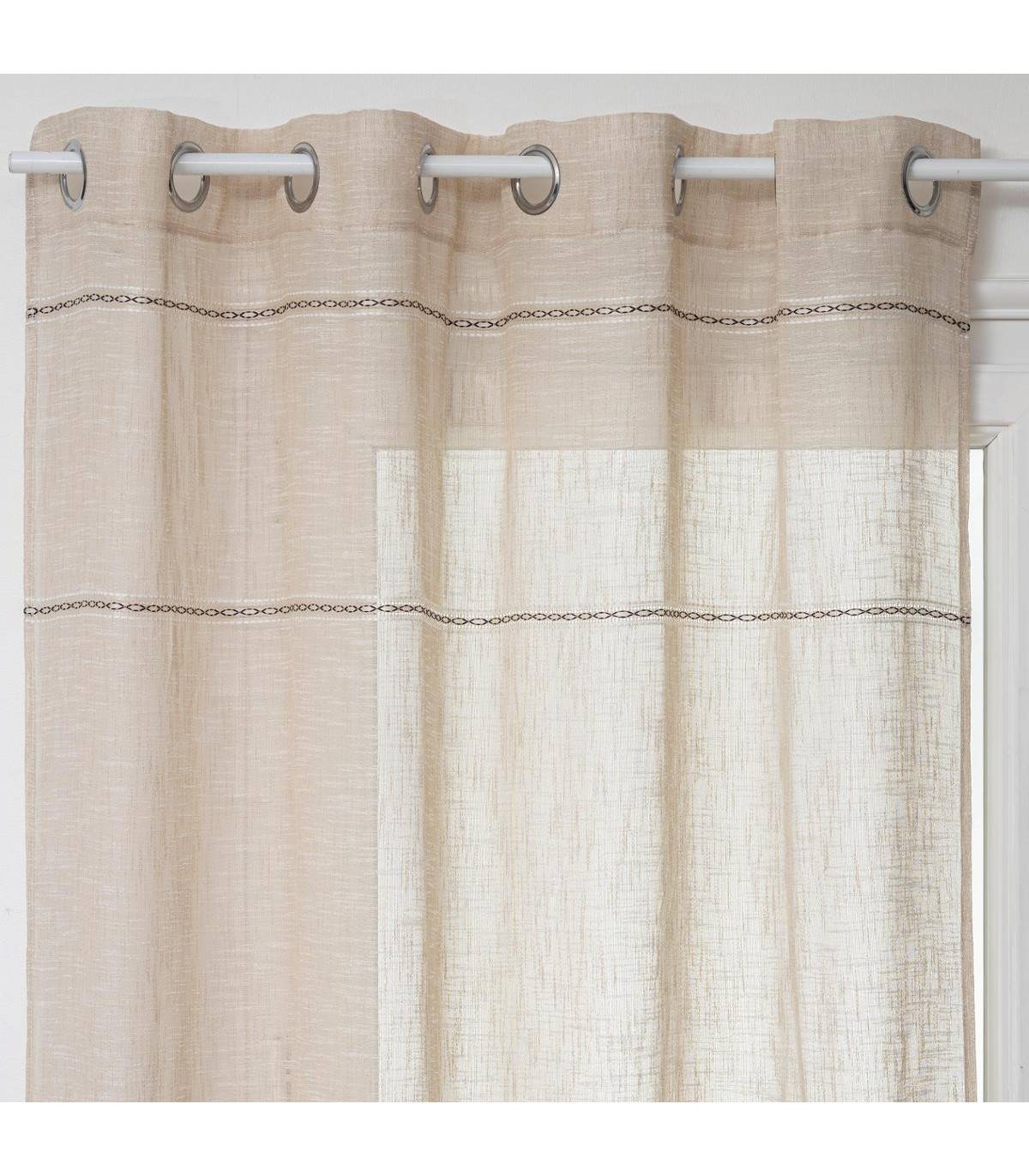 Voilage à œillets Beige Lin avec lignes horizontales 140 x 240 cm - Image 1