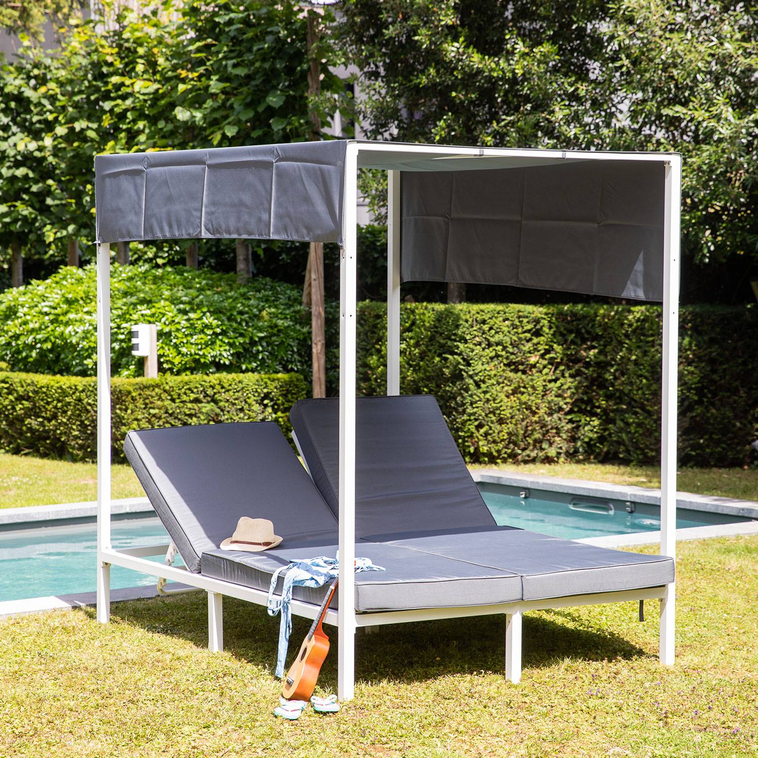 Lit à baldaquin d'extérieur BARBADOS - aluminium blanc/coussins gris - HAPPY GARDEN - Image 9