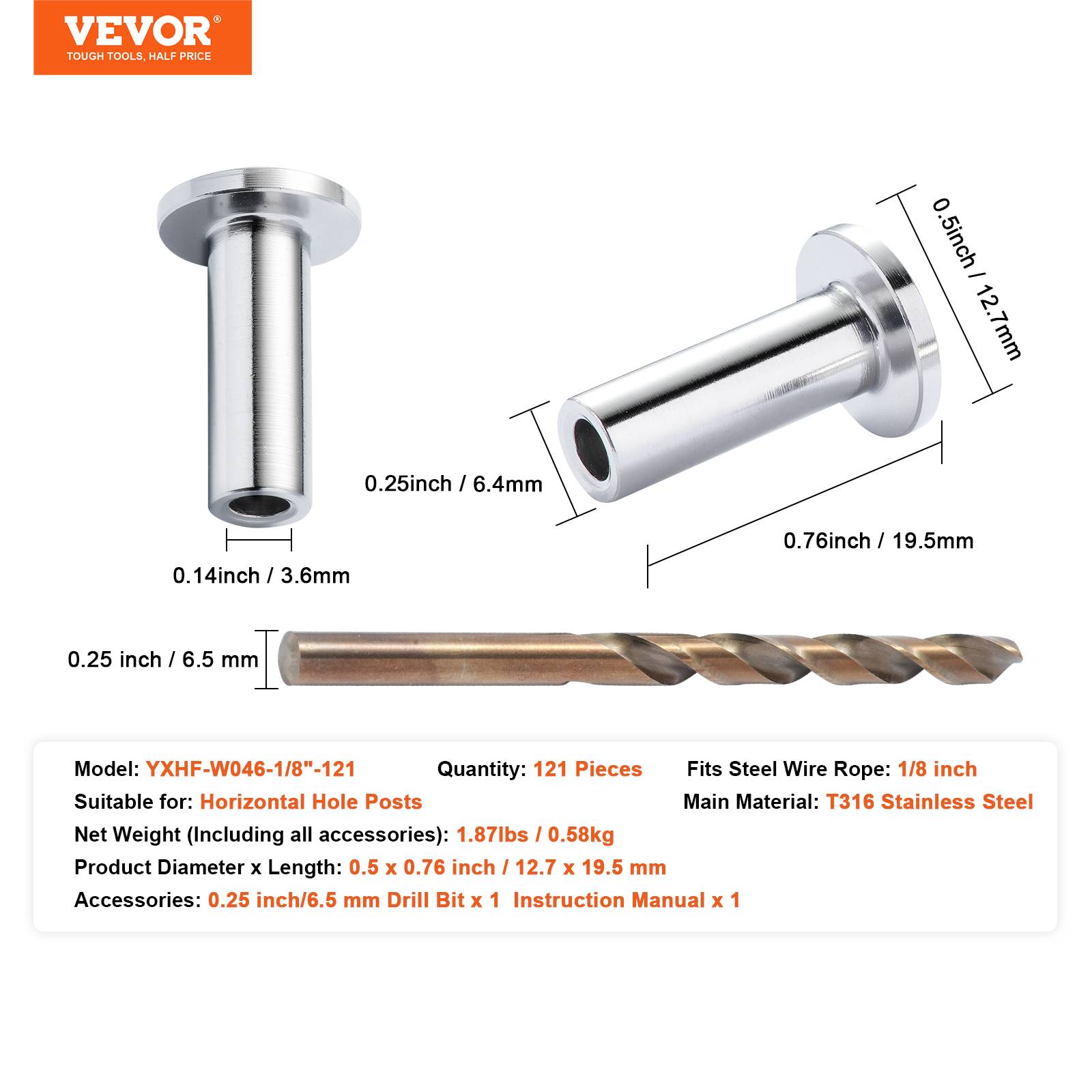 Vevor - VEVOR Manchons de protection acier inox T316 pour câble métallique 1/8 po 121PCS - Image 7