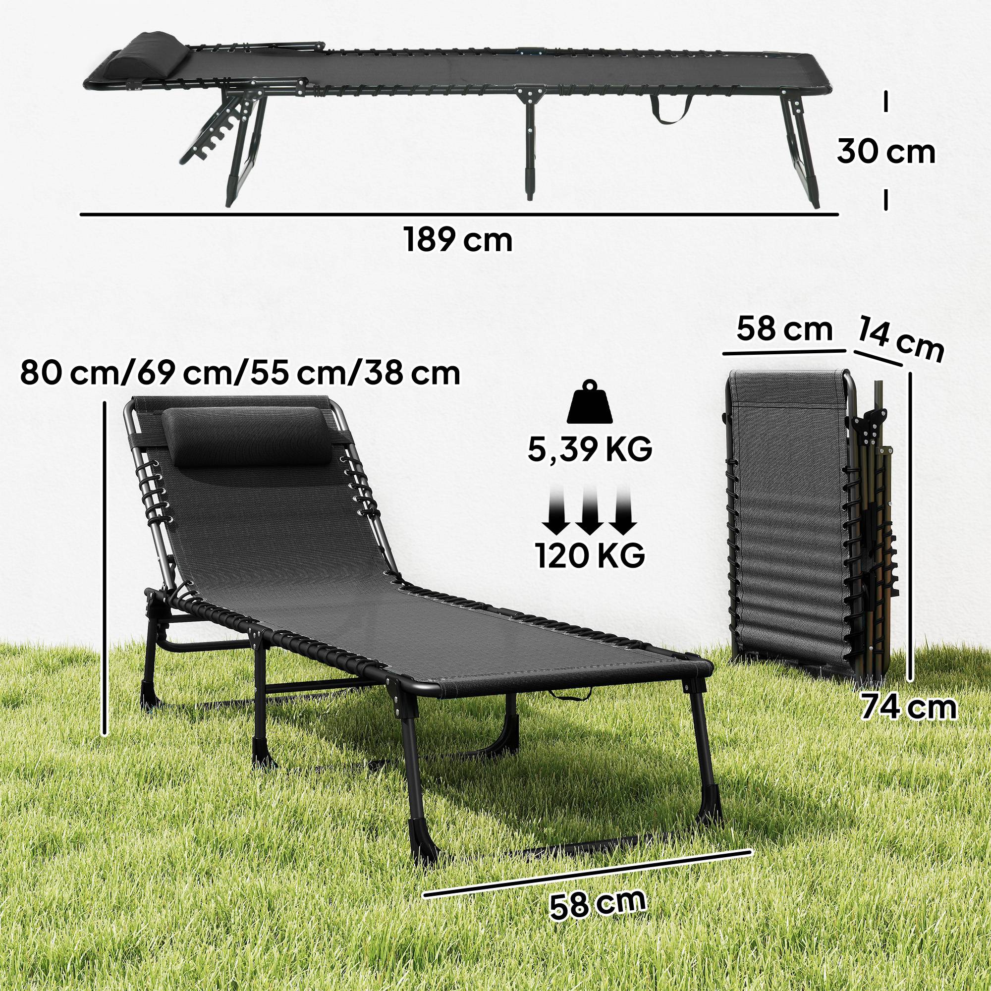 Bain de Soleil transat Pliable Dossier inclinable Multi-Positions - 189x58x30cm Acier Noir fr41 - Image 5