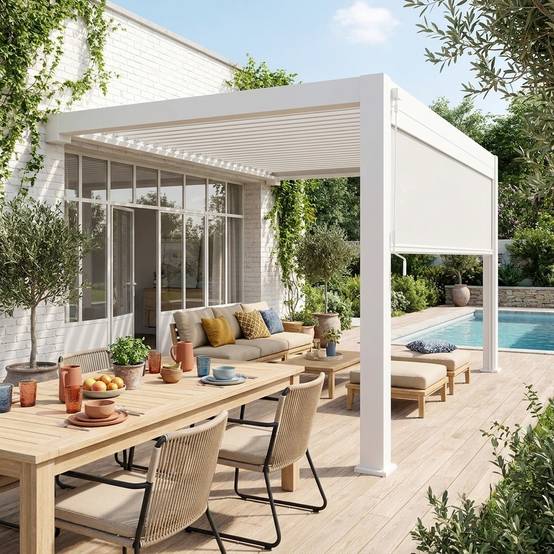 Pergola bioclimatique aluminium adossée 4x3m + 1 store 4m blanc Triomphe | sweeek - Image 1