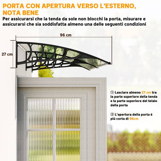 Auvent Porte Entrée Polycarbonate Aluminium Marquise Protection UV Pluie 200x96cm Transparent - ComfortXL Outdoor Living - Image 9