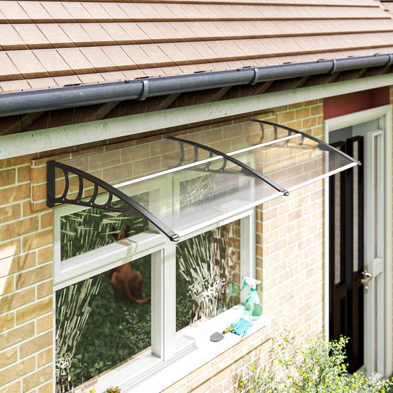 Auvent Porte Entrée Polycarbonate Aluminium Marquise Protection UV Pluie 200x96cm Transparent - ComfortXL Outdoor Living - Image 4