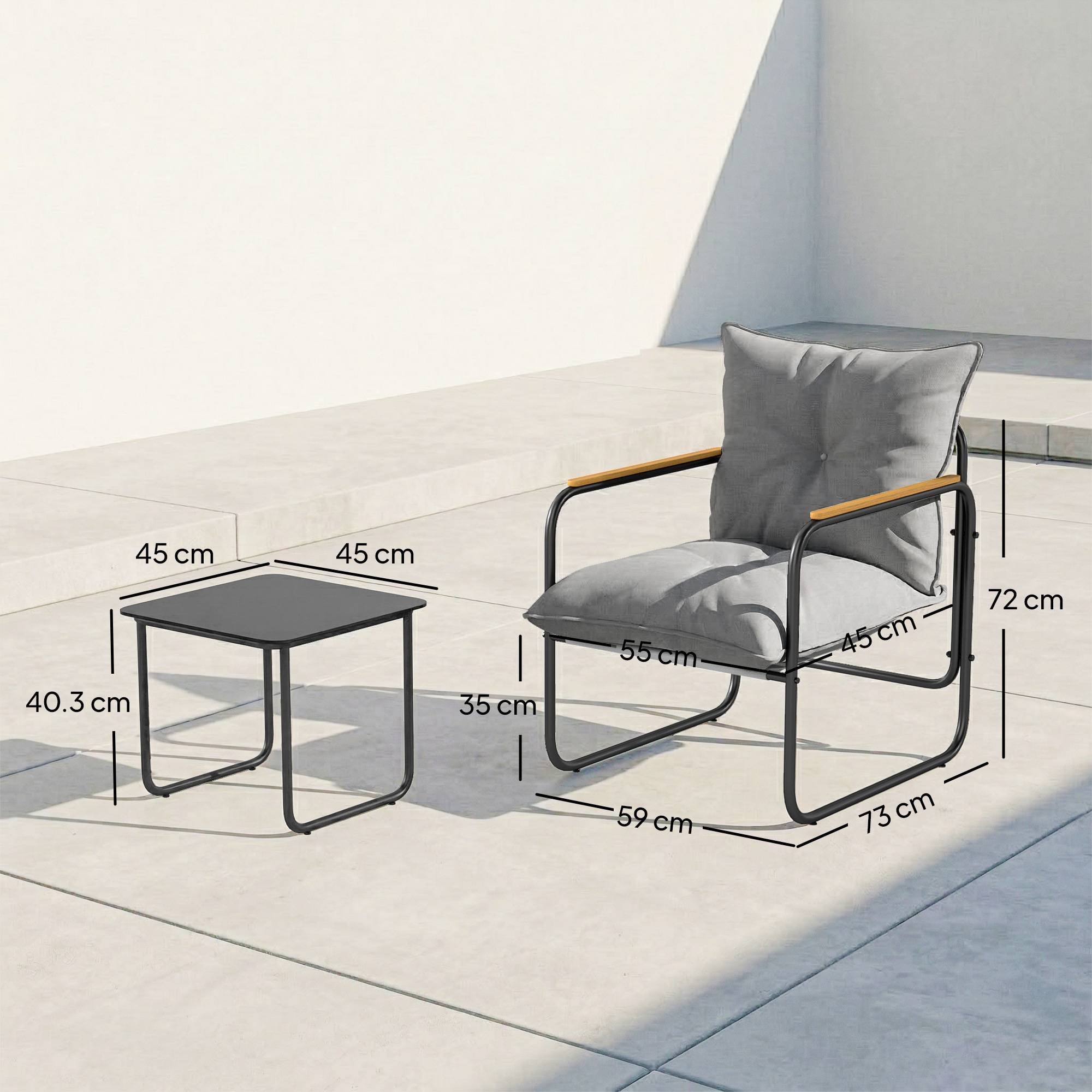 Ensemble bistrot 3 pcs, mobilier extérieur métal avec coussins, gris foncé - Image 5
