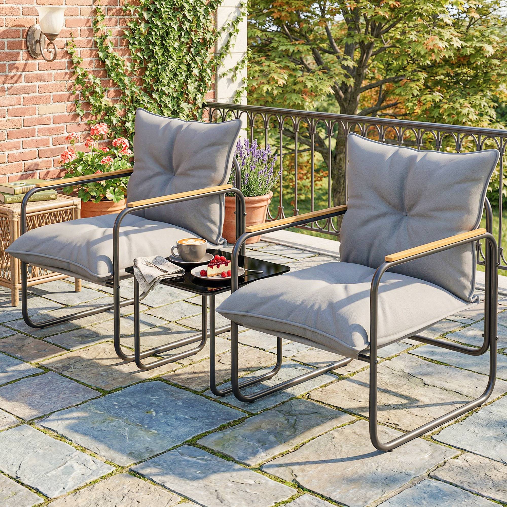 Ensemble bistrot 3 pcs, mobilier extérieur métal avec coussins, gris foncé - Image 4