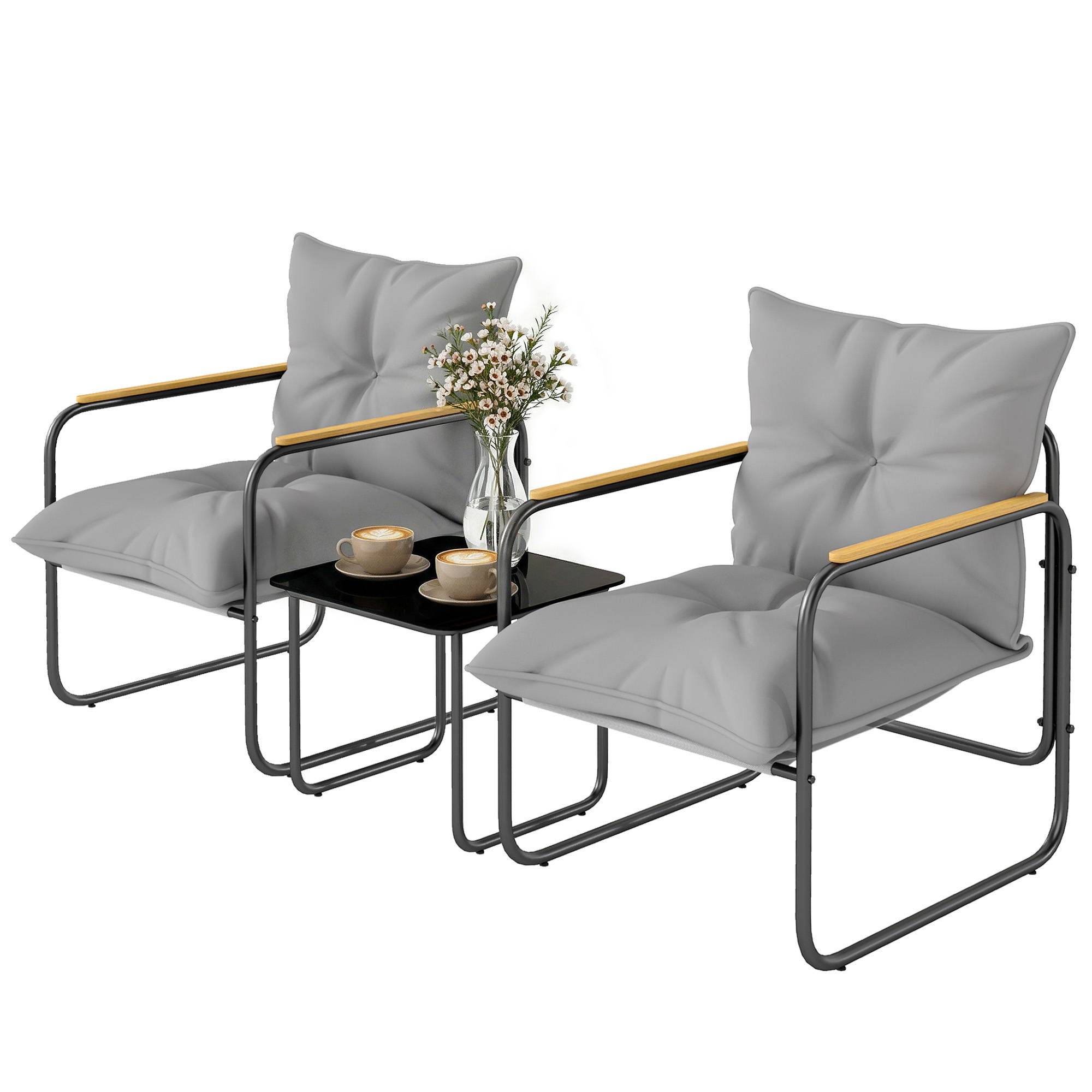 Ensemble bistrot 3 pcs, mobilier extérieur métal avec coussins, gris foncé - Image 2