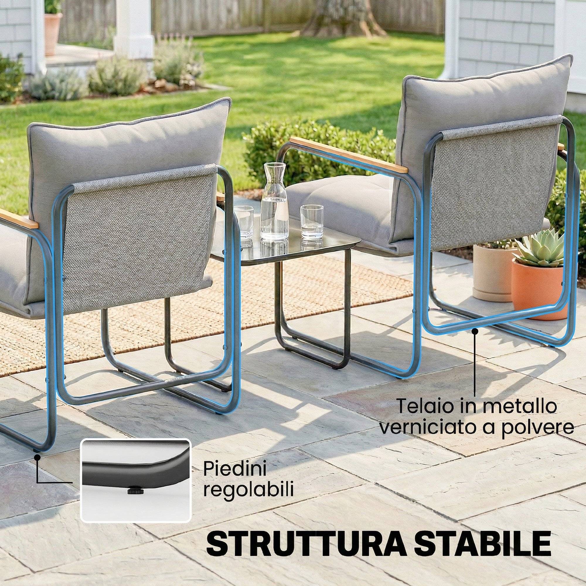 Ensemble bistrot 3 pcs, mobilier extérieur métal avec coussins, gris foncé - Image 8