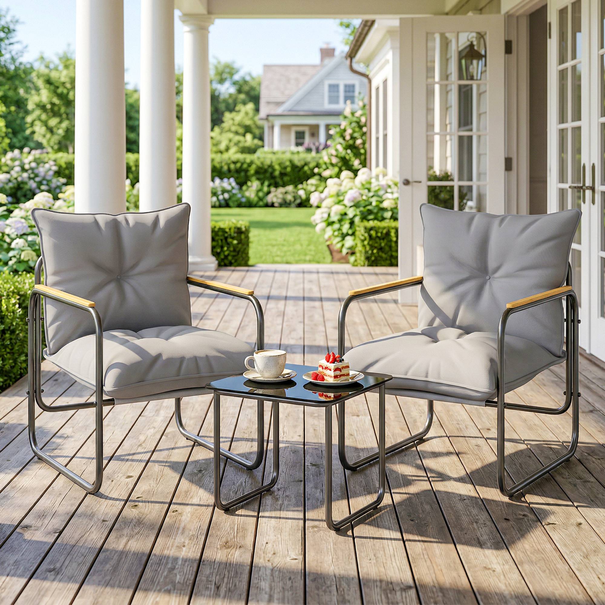 Ensemble bistrot 3 pcs, mobilier extérieur métal avec coussins, gris foncé - Image 3