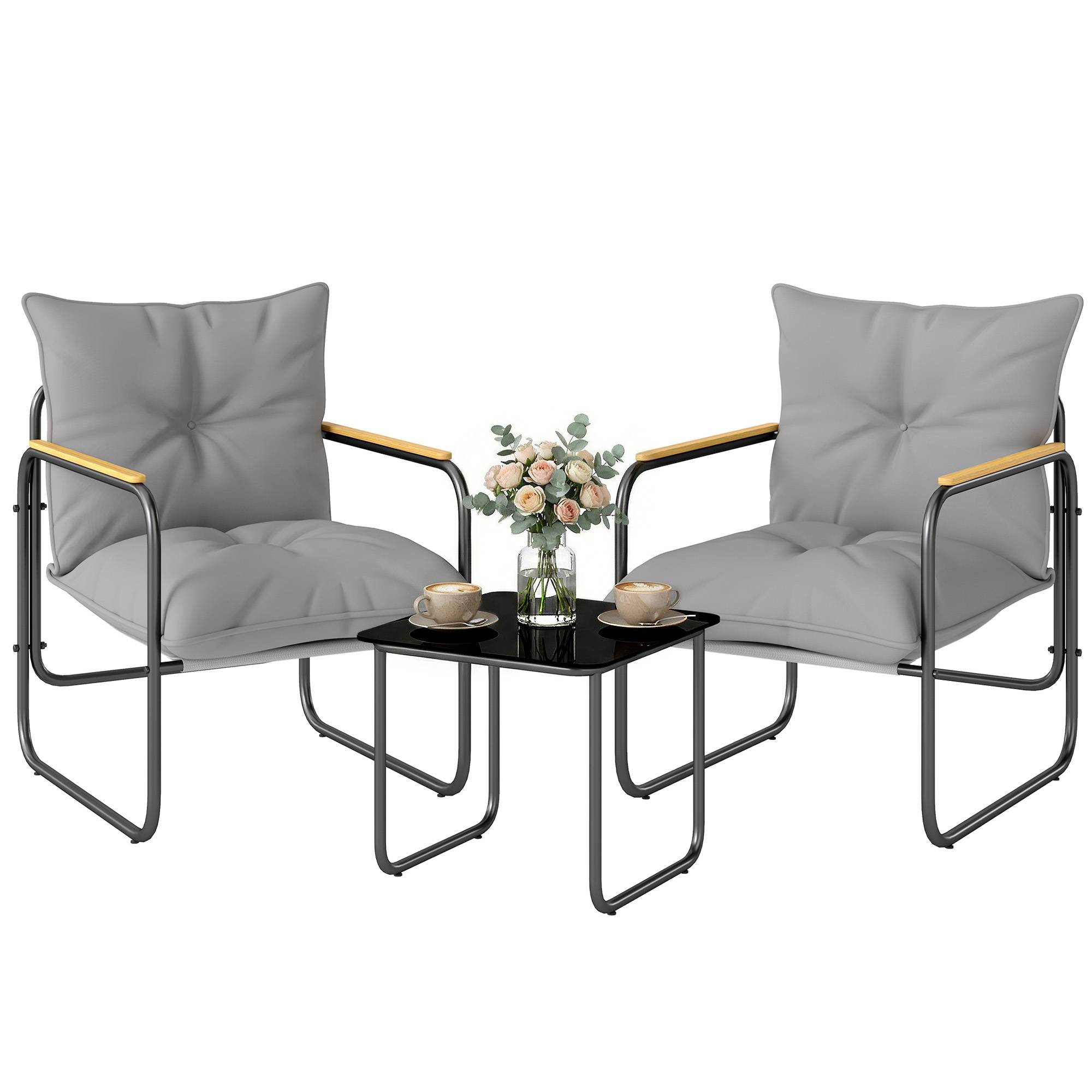Ensemble bistrot 3 pcs, mobilier extérieur métal avec coussins, gris foncé - Image 1