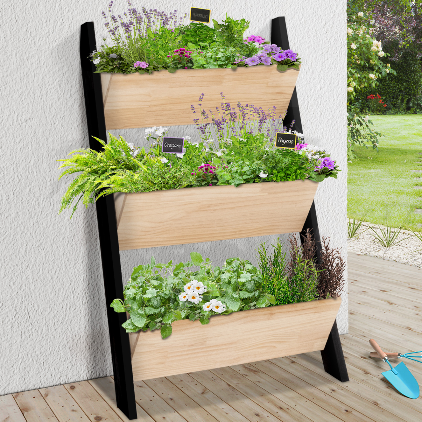 Jardinière échelle FREDDY 110 CM 3 bacs bois et noir potager pour jardin et balcon - Image 2