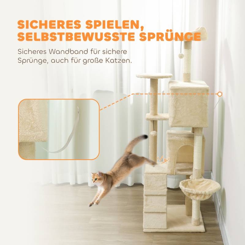 Arbre à chat intérieur avec hamac et échelle 48 x 48 x 160 cm polyester beige - PANGIVO - Image 6