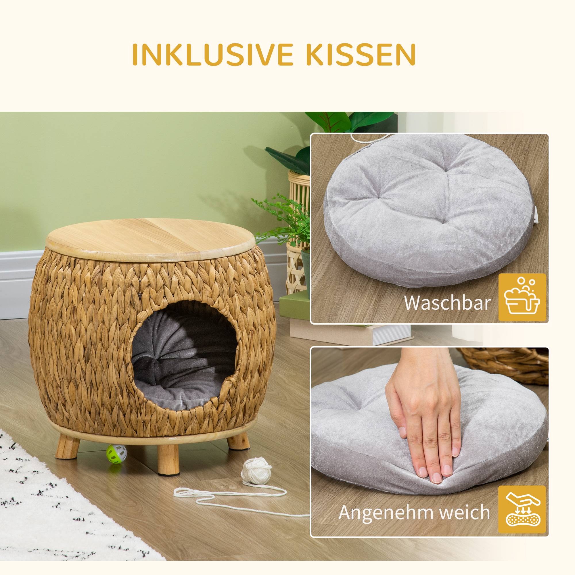 Sans Marque - Cachette jacinthe d'eau coussin lavable, 44x43x42cm Brun clair+Bois naturel+Gris - Image 8