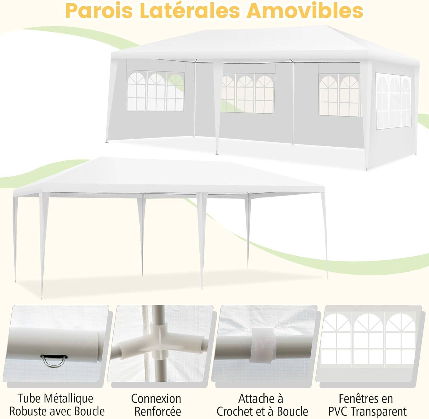 Tonnelle de Jardin / Barnum 3x6m-18㎡ Tente de Réception avec 4 Parois Amovibles, Piquets de Terre, Sac de Transport, pour Fête/Mariage/BBQ, Blanc - Image 3