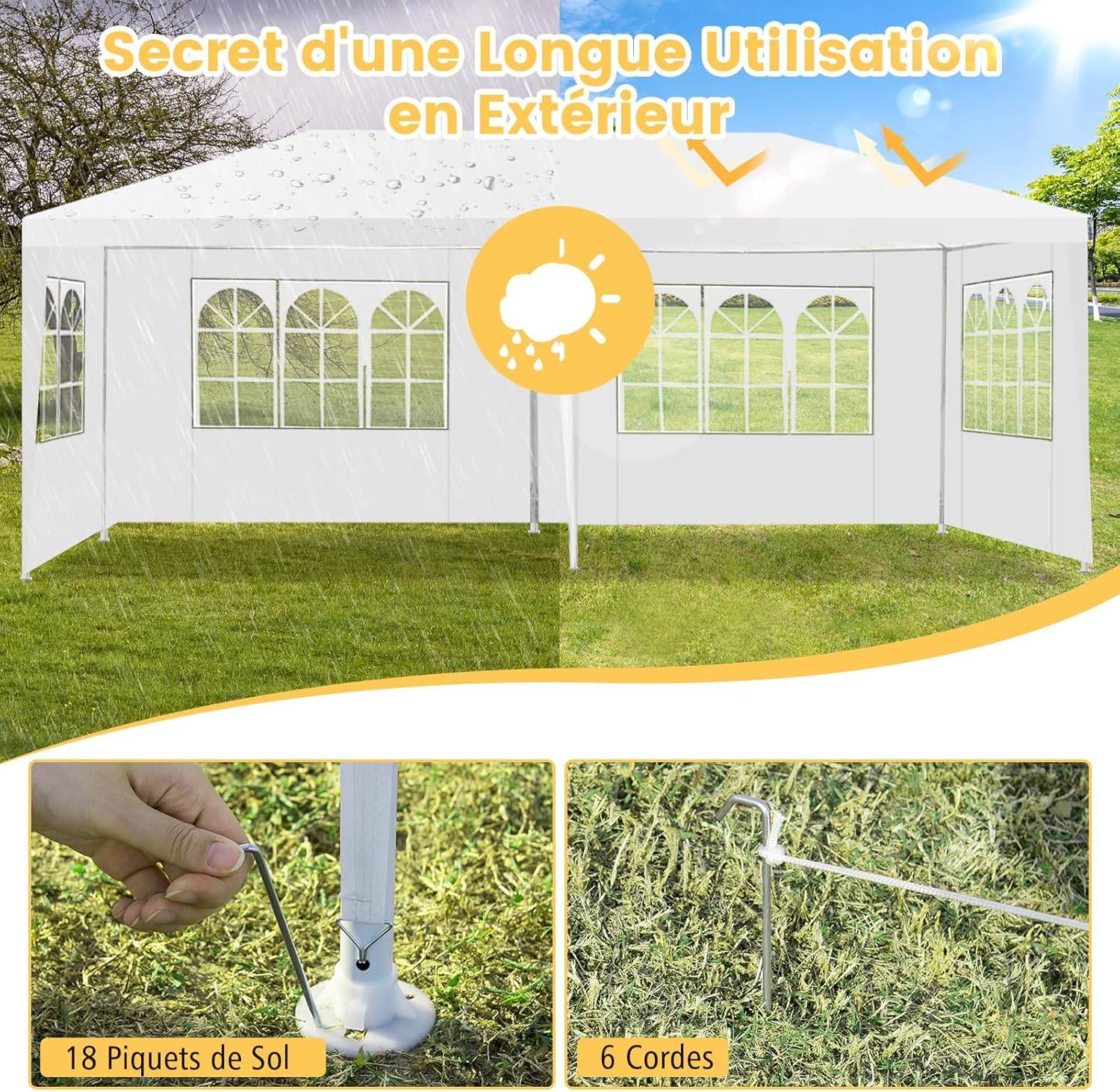Tonnelle de Jardin / Barnum 3x6m-18㎡ Tente de Réception avec 4 Parois Amovibles, Piquets de Terre, Sac de Transport, pour Fête/Mariage/BBQ, Blanc - Image 4