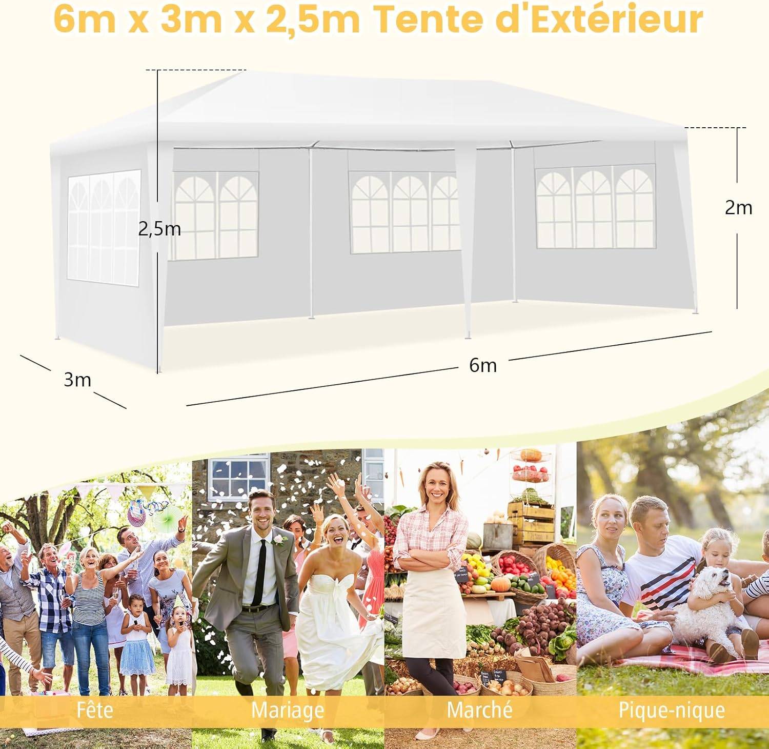 Tonnelle de Jardin / Barnum 3x6m-18㎡ Tente de Réception avec 4 Parois Amovibles, Piquets de Terre, Sac de Transport, pour Fête/Mariage/BBQ, Blanc - Image 5