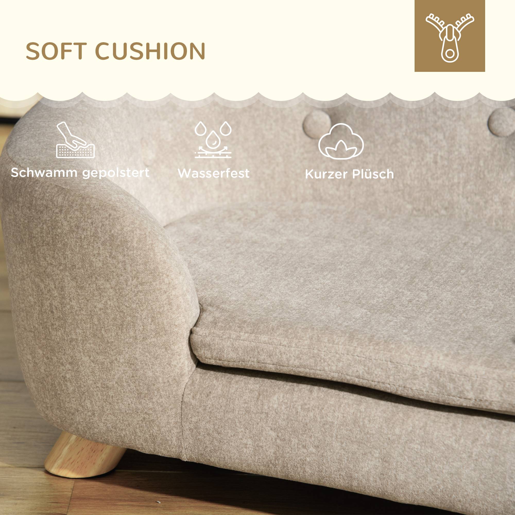 ComfortXL - Canapé pour chien en peluche et pin 70 x 47 x 30 cm crème pour petit chien couchage surélevé avec coussin - Image 5