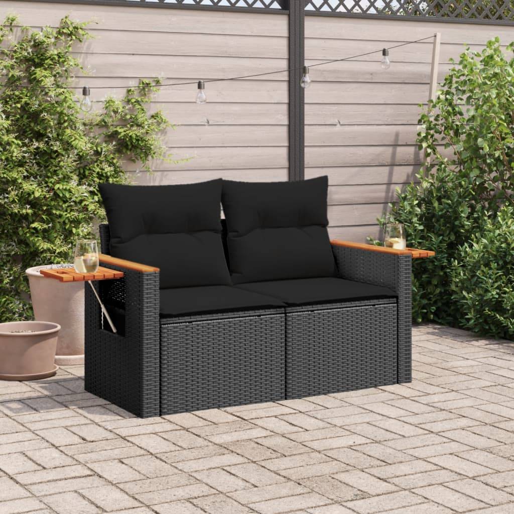 ComfortXL - Canapé Extérieur 2 Places Poly Rotin avec Tablettes Latérales et Bois Acacia – Noir – ComfortXL Outdoor Living - Image 3