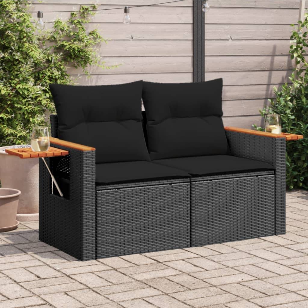 ComfortXL - Canapé Extérieur 2 Places Poly Rotin avec Tablettes Latérales et Bois Acacia – Noir – ComfortXL Outdoor Living - Image 1