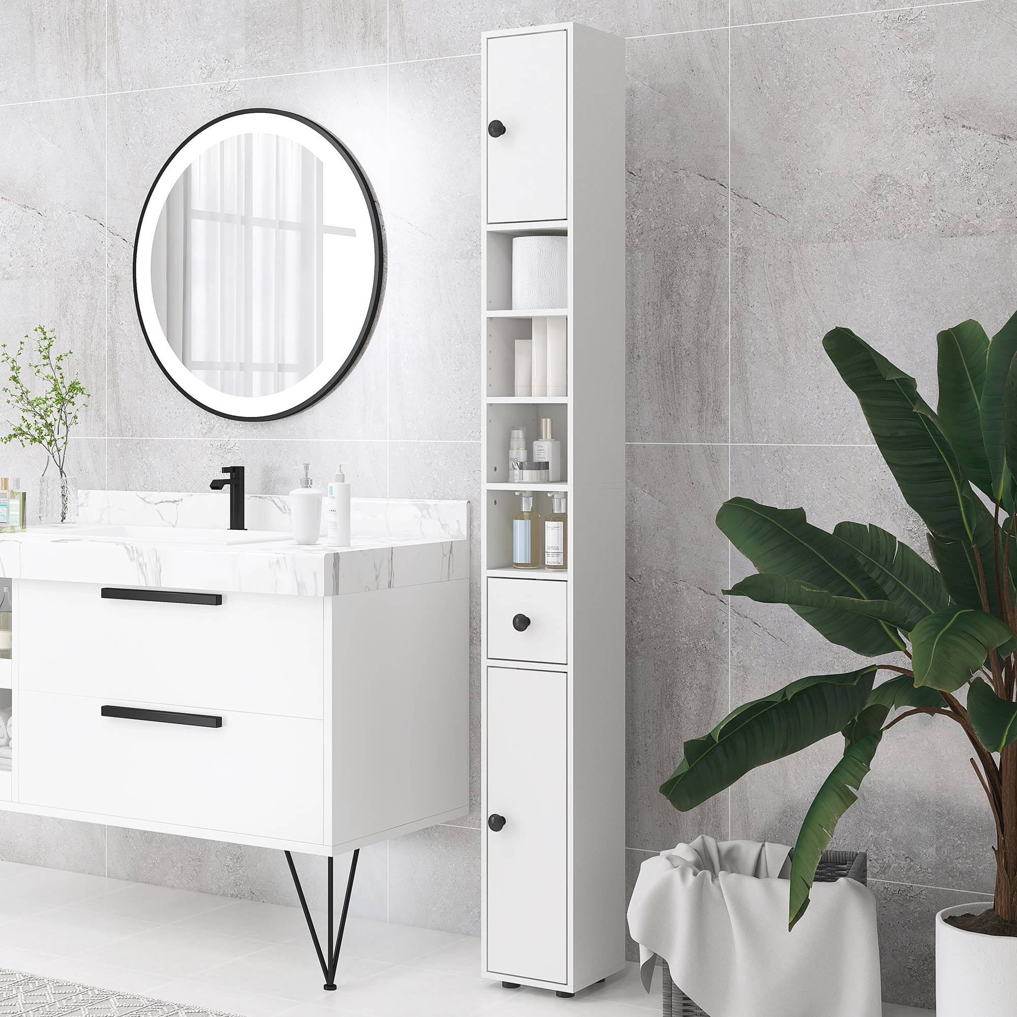 Armoire haute salle de bain avec 1 tiroir 4 étagères réglables et 2 placards, rangement 20x20x180 cm blanc moderne - Image 3