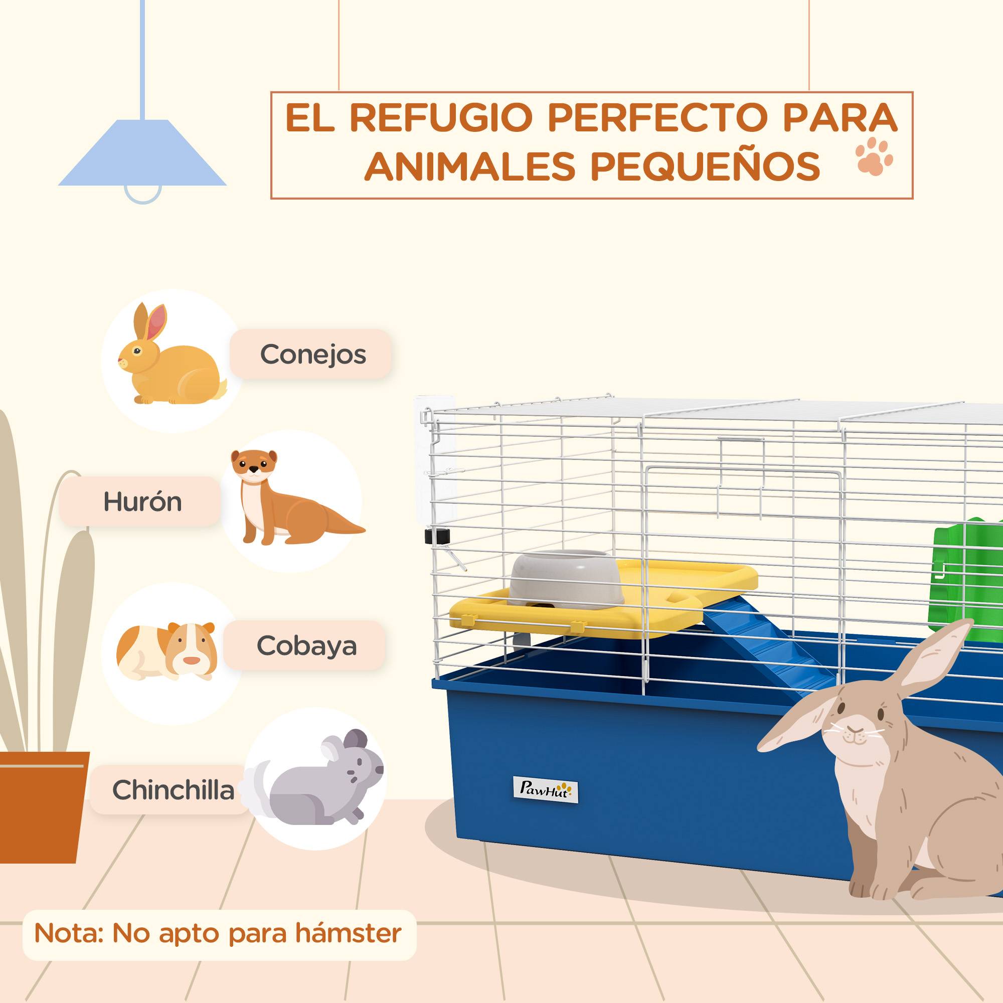 Enclos pour petits animaux (lapins, chinchillas, cochons d'Inde) avec plateau et rampe, 71 x 46 x 47 cm, bleu - Image 6