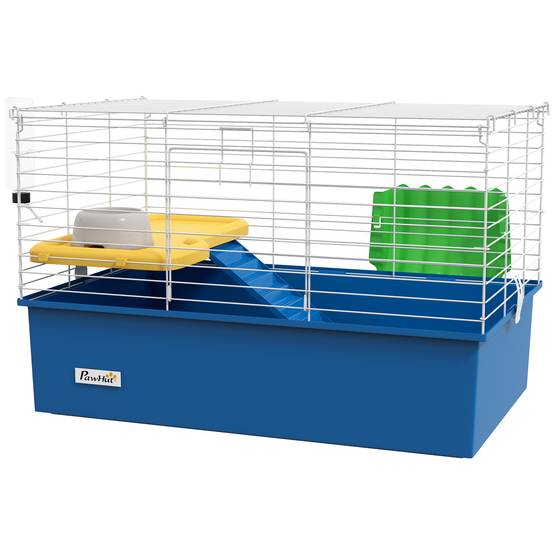 Enclos pour petits animaux (lapins, chinchillas, cochons d'Inde) avec plateau et rampe, 71 x 46 x 47 cm, bleu - Image 2