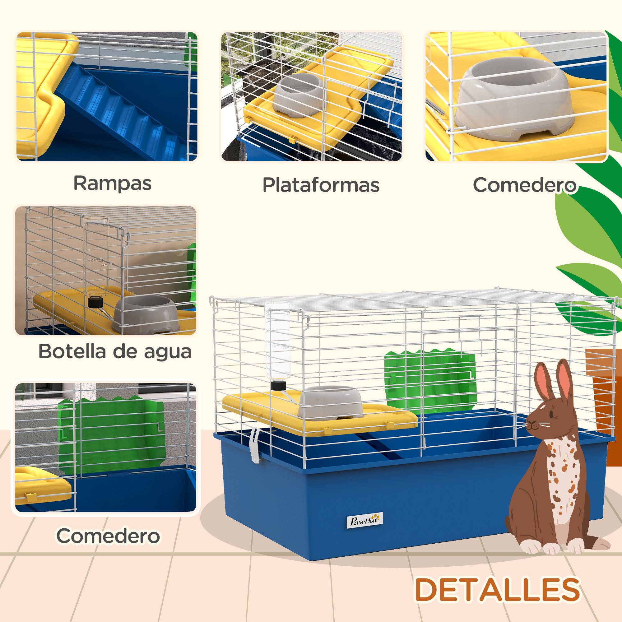Enclos pour petits animaux (lapins, chinchillas, cochons d'Inde) avec plateau et rampe, 71 x 46 x 47 cm, bleu - Image 7