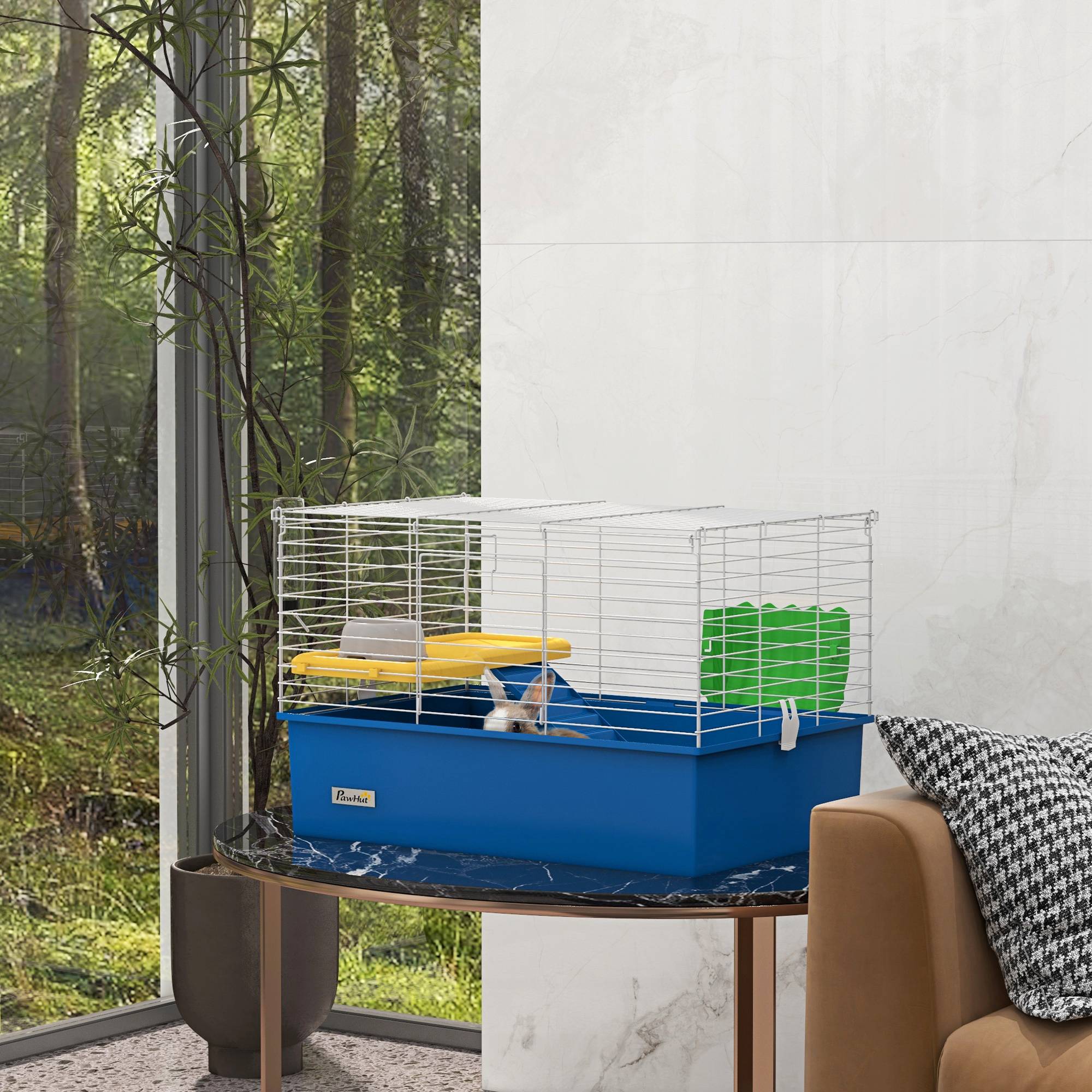 Enclos pour petits animaux (lapins, chinchillas, cochons d'Inde) avec plateau et rampe, 71 x 46 x 47 cm, bleu - Image 4