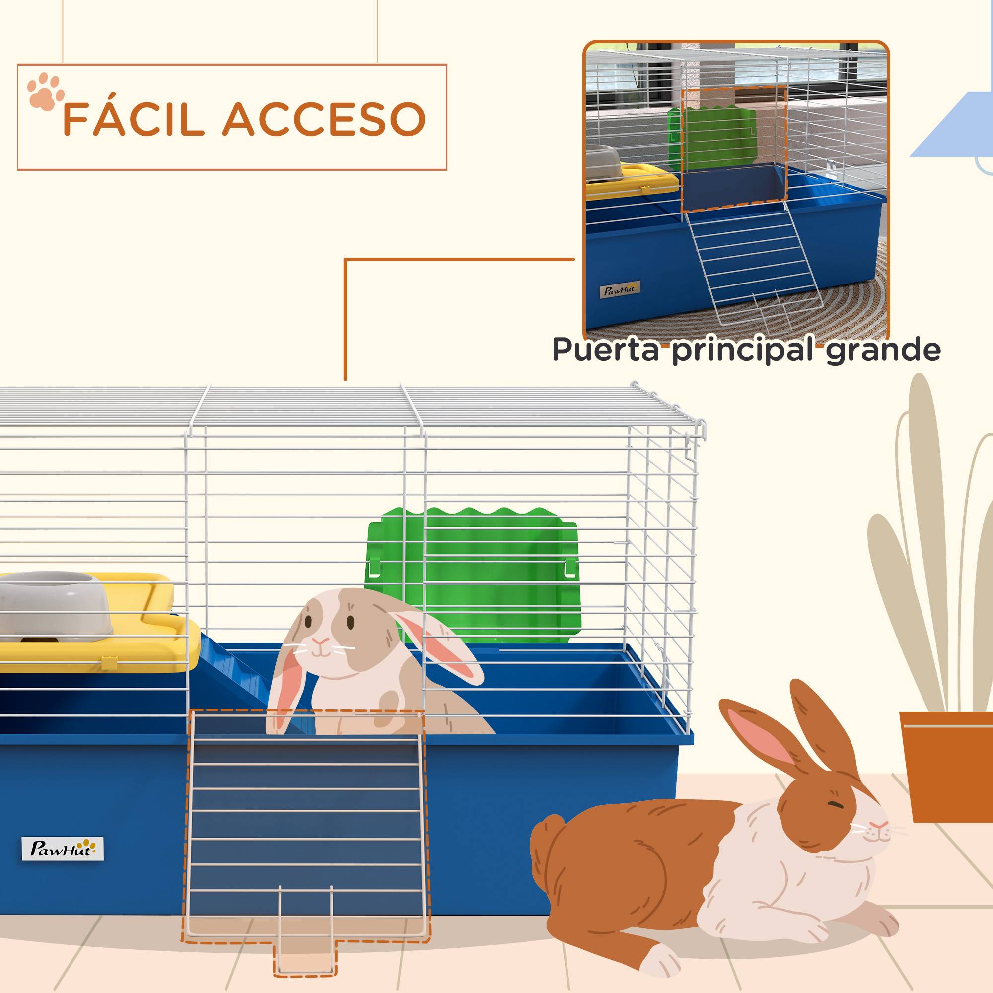 Enclos pour petits animaux (lapins, chinchillas, cochons d'Inde) avec plateau et rampe, 71 x 46 x 47 cm, bleu - Image 9